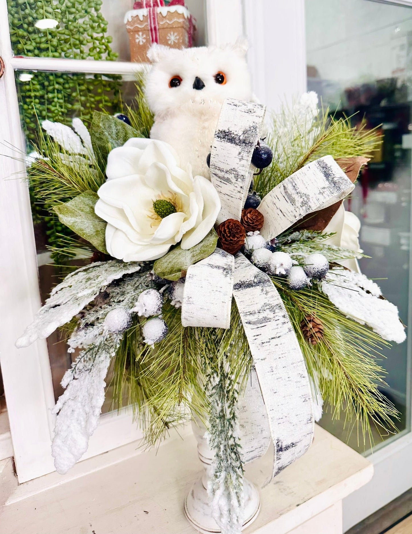 Winter Snow Owl Magnolia Candlestick Arrangement – Frosted Pine & Birch Ribbon Centerpiece | 26"x18" TCT Crafts