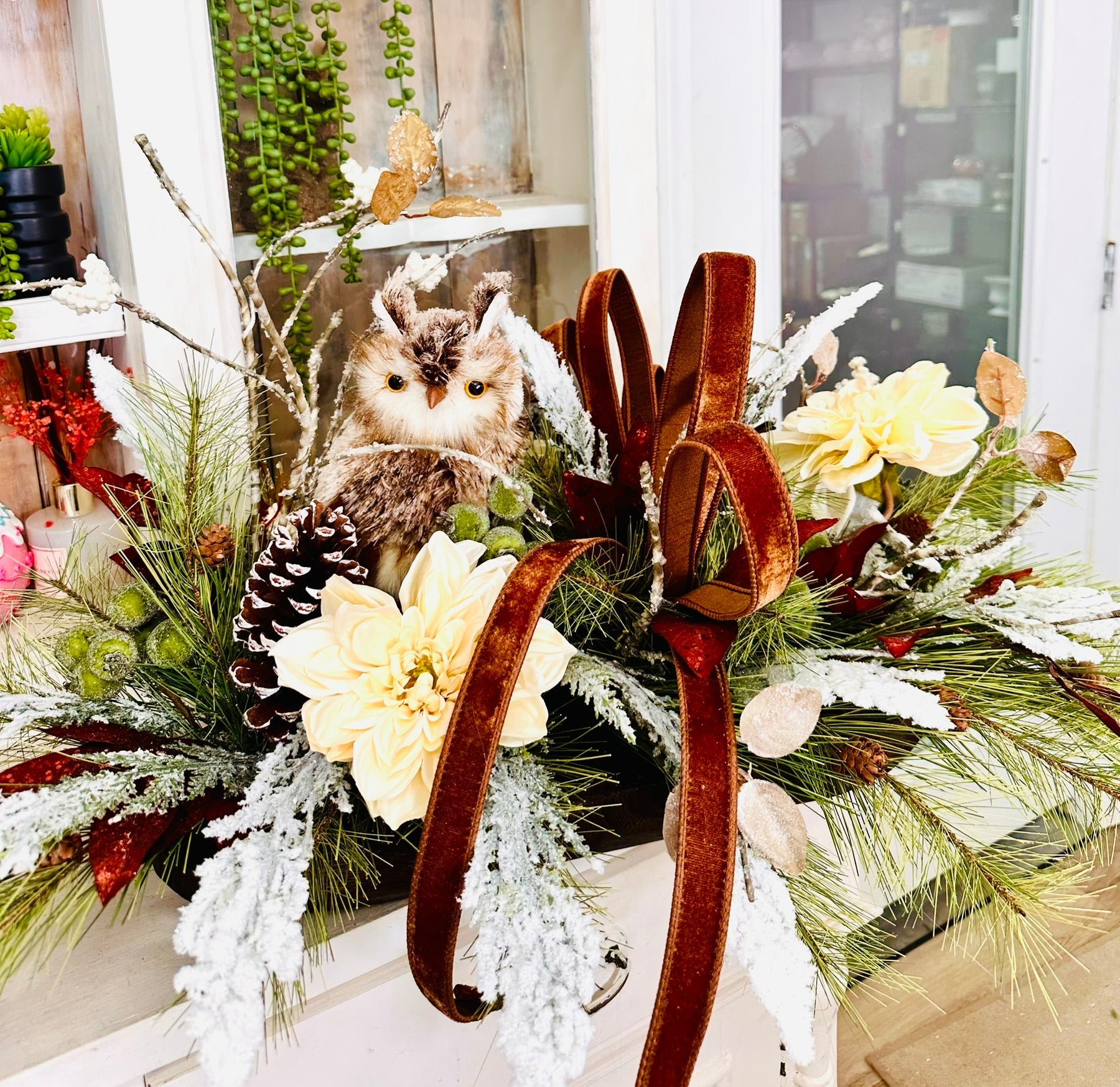 Rustic Winter Chalet Owl Centerpiece – Large Holiday Table Arrangement | Pecan Velvet & Cream Dahlias TCT Crafts