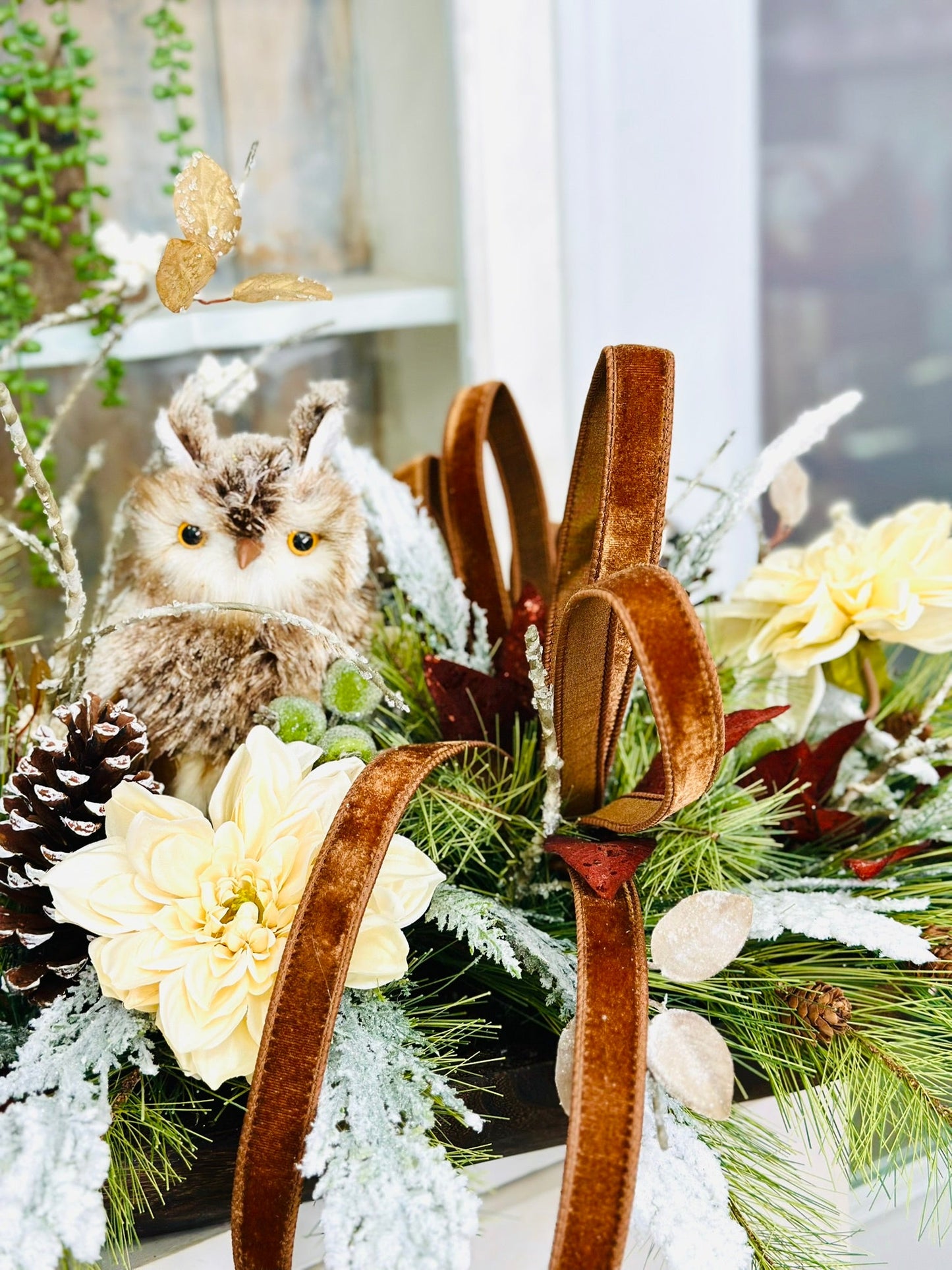 Rustic Winter Chalet Owl Centerpiece – Large Holiday Table Arrangement | Pecan Velvet & Cream Dahlias TCT Crafts