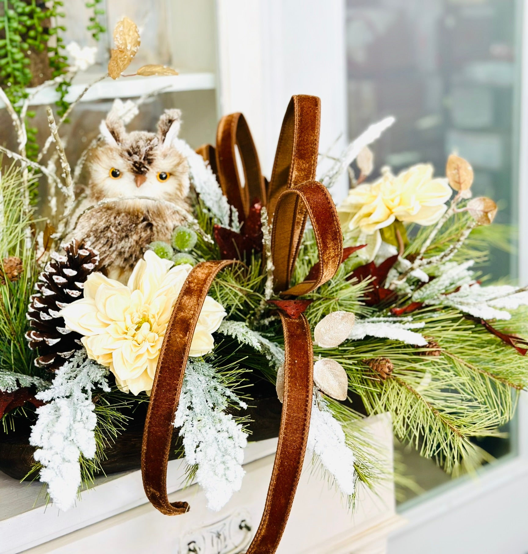 Rustic Winter Chalet Owl Centerpiece – Large Holiday Table Arrangement | Pecan Velvet & Cream Dahlias TCT Crafts