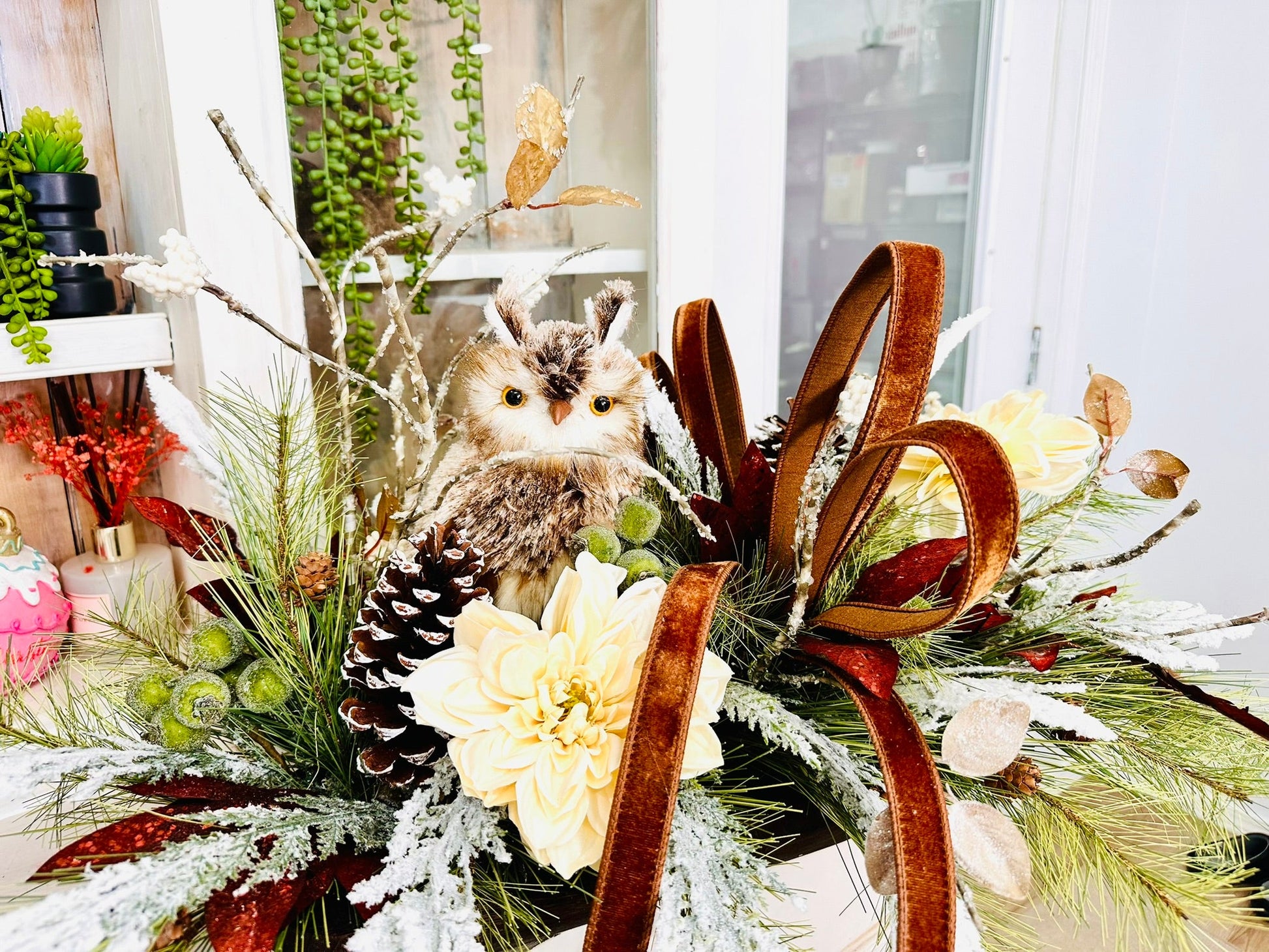 Rustic Winter Chalet Owl Centerpiece – Large Holiday Table Arrangement | Pecan Velvet & Cream Dahlias TCT Crafts