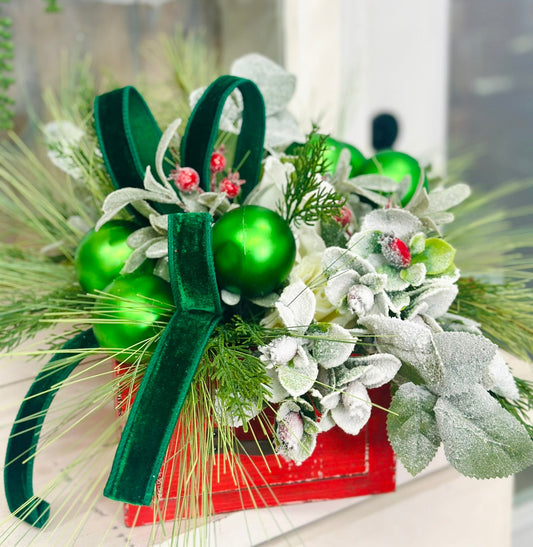Small Christmas Arrangement in Red Wooden Box – Green Ornaments & Snowy Roses TCT Crafts