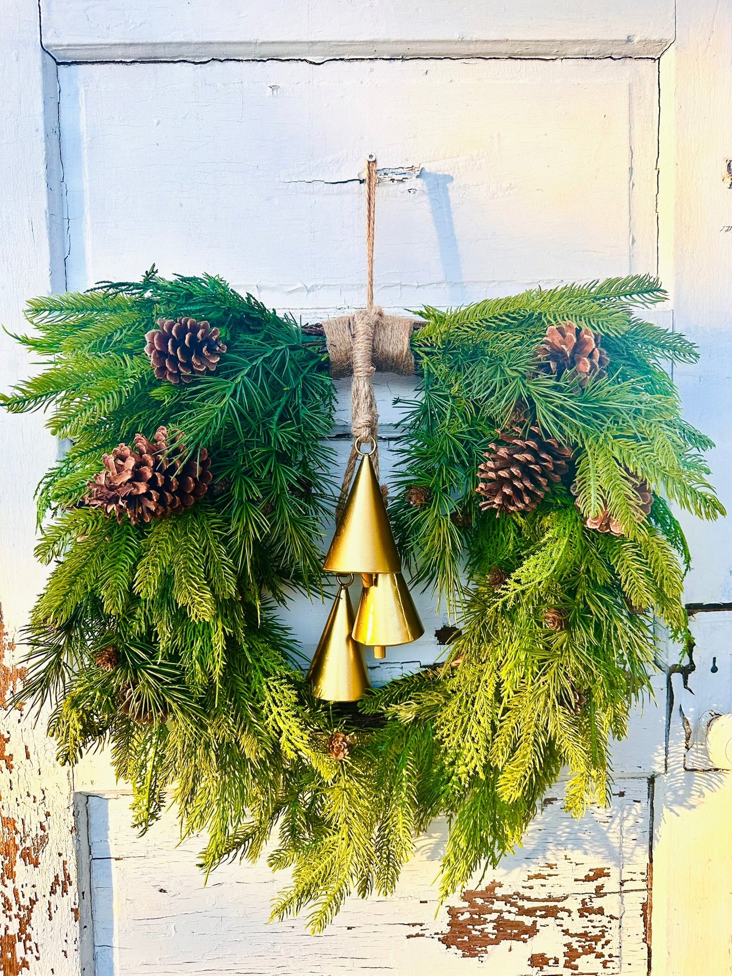 26" Mixed Evergreen Heart Wreath with Gold Agogo Bells – Natural Holiday Door Decor TCT Crafts