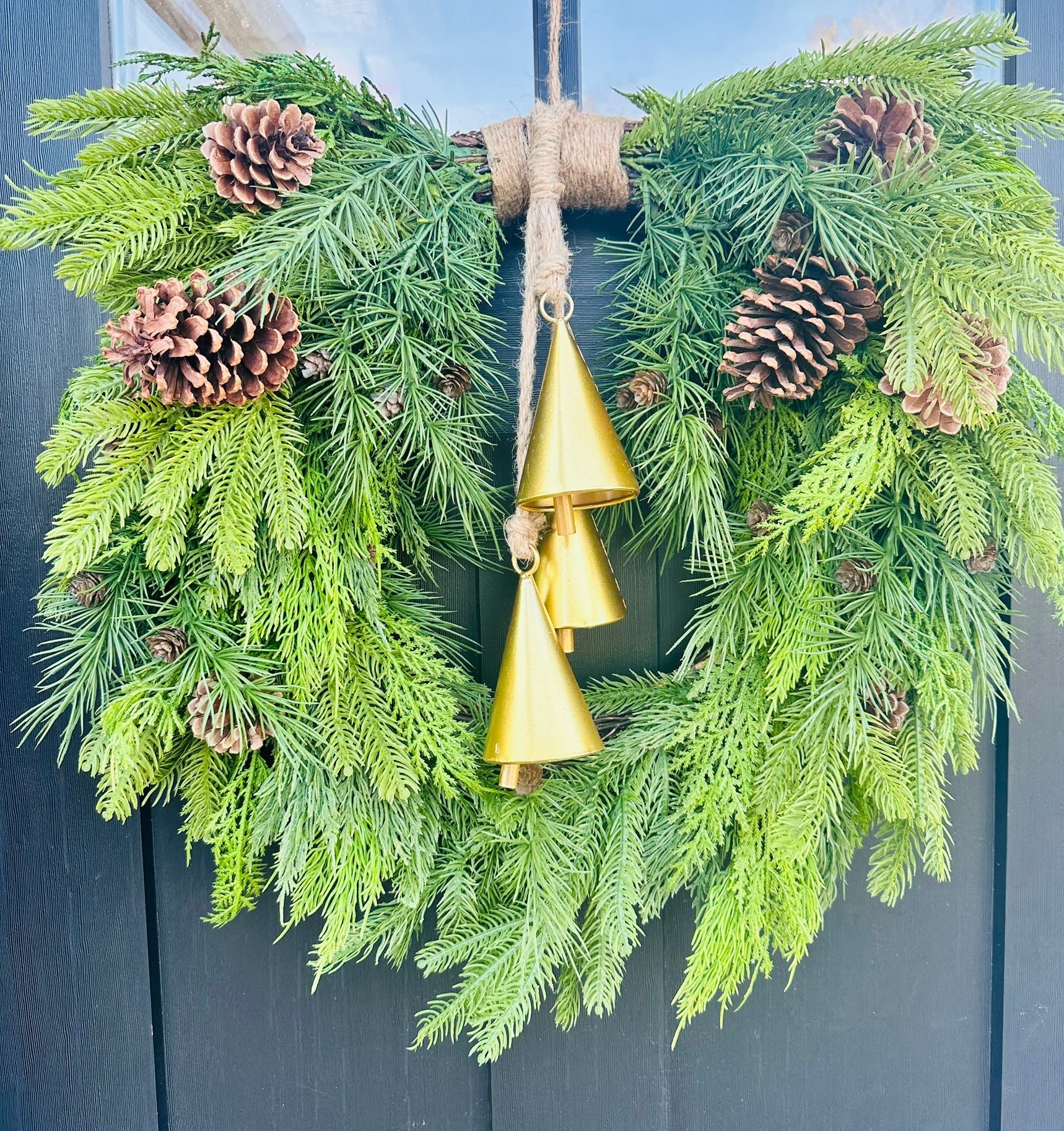 26" Mixed Evergreen Heart Wreath with Gold Agogo Bells – Natural Holiday Door Decor TCT Crafts
