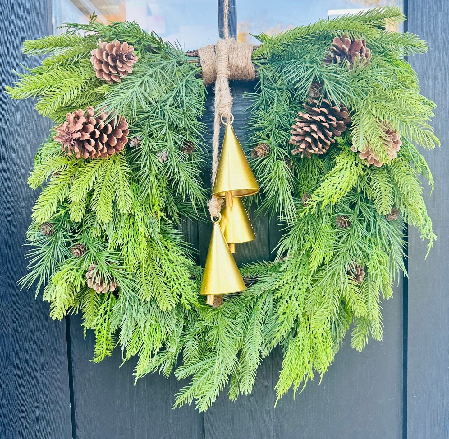 26" Mixed Evergreen Heart Wreath with Gold Agogo Bells – Natural Holiday Door Decor TCT Crafts