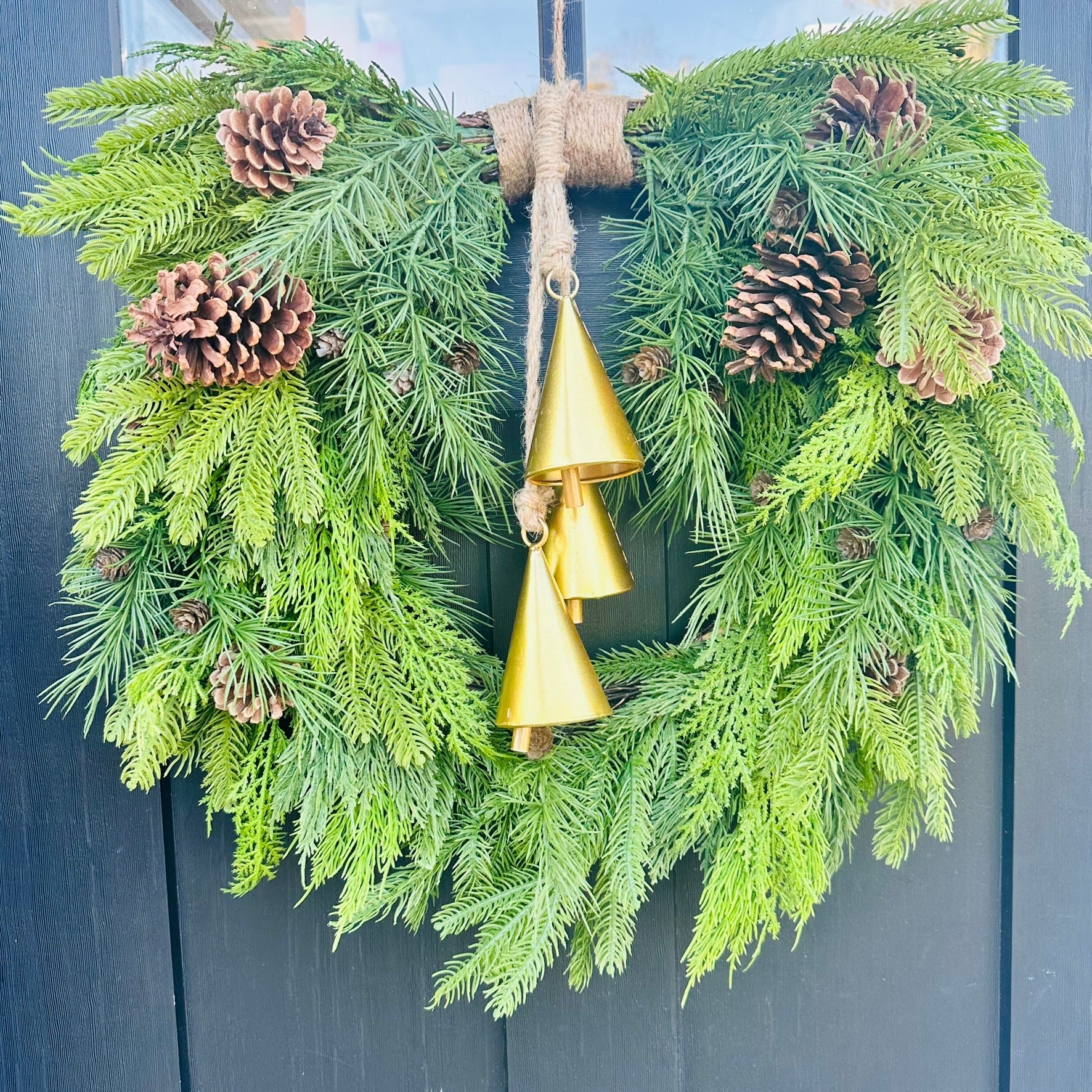 26" Mixed Evergreen Heart Wreath with Gold Agogo Bells – Natural Holiday Door Decor TCT Crafts