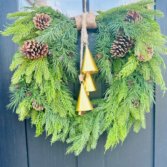 26" Mixed Evergreen Heart Wreath with Gold Agogo Bells – Natural Holiday Door Decor TCT Crafts