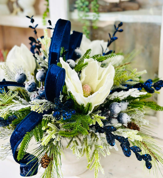 Blue Magnolia Winter Arrangement – Elegant Christmas or Hanukkah Centerpiece TCT Crafts