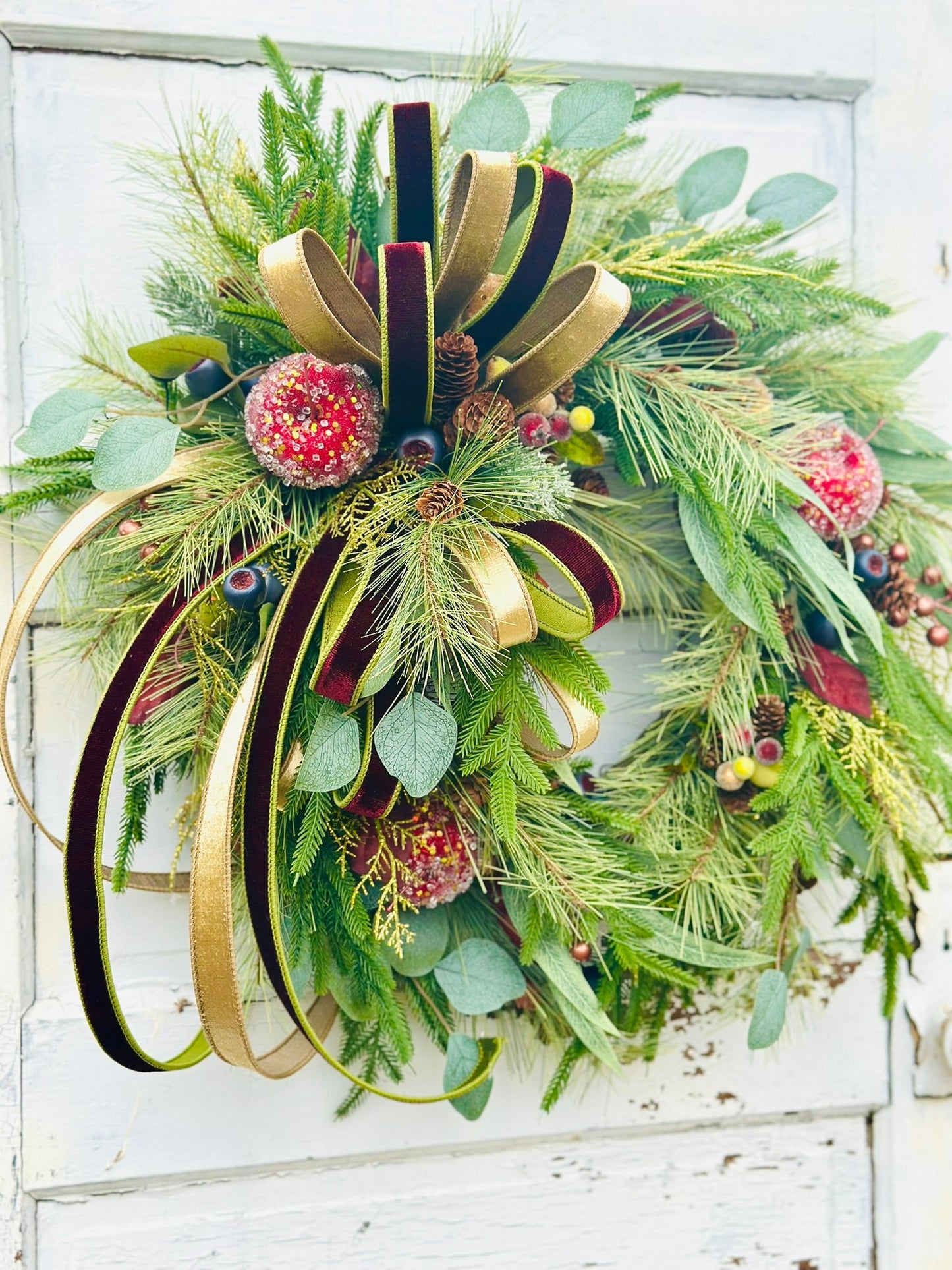 Williamsburg Themed Christmas Wreath – Gold & Burgundy Velvet Ribbon | Elegant Holiday Decor TCT Crafts