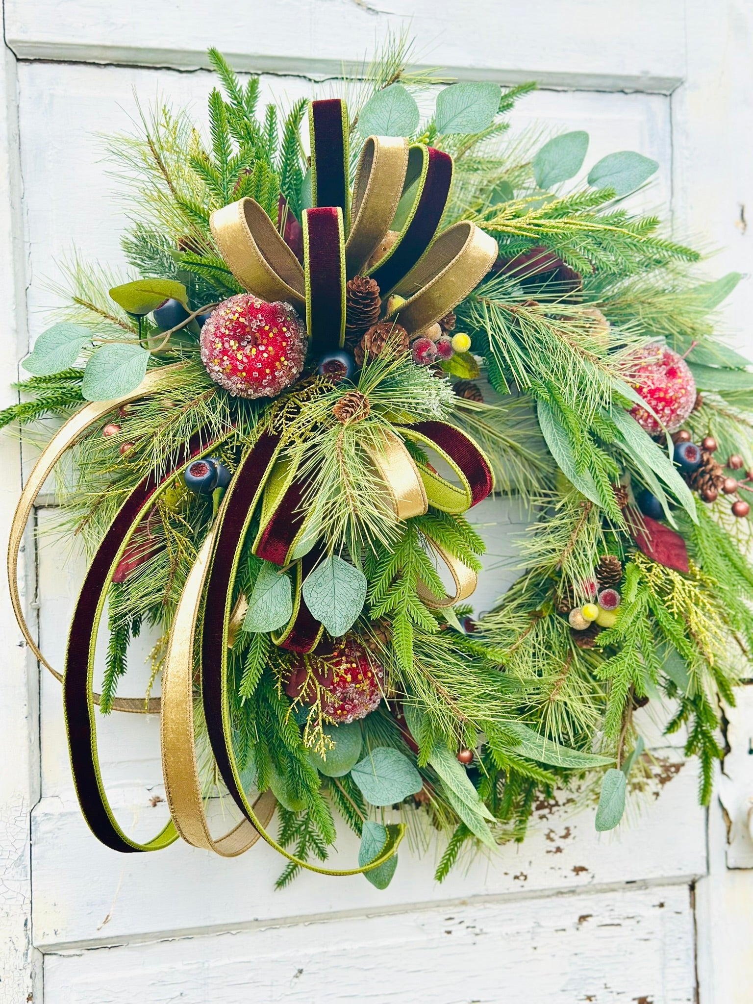 Williamsburg Themed Christmas Wreath – Gold & Burgundy Velvet Ribbon | Elegant Holiday Decor TCT Crafts