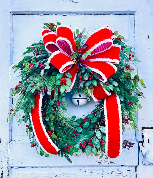 Christmas Holly and Pine Grapevine Wreath with Red Velvet Bow & Bells TCT Crafts