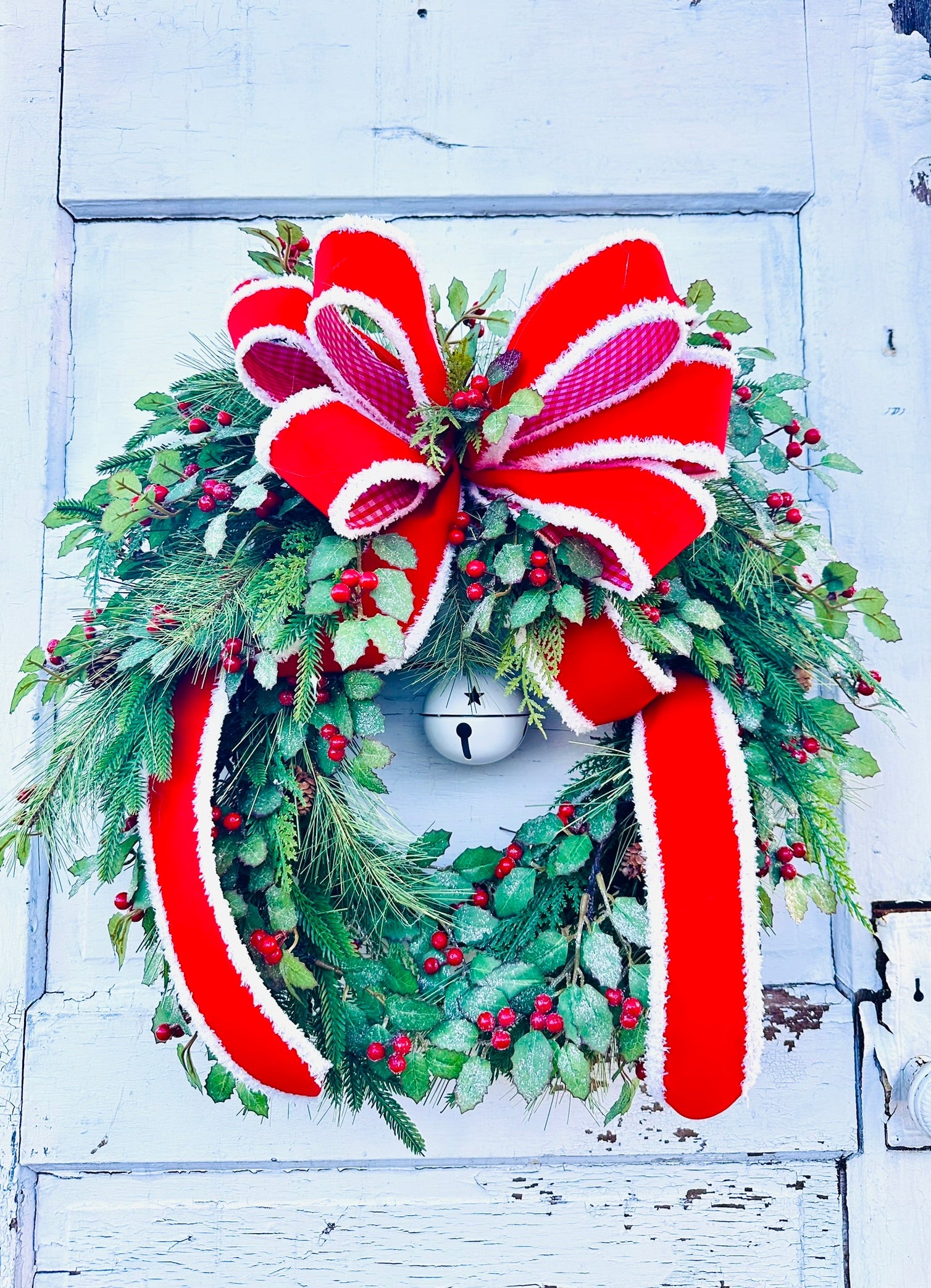 Christmas Holly and Pine Grapevine Wreath with Red Velvet Bow & Bells TCT Crafts