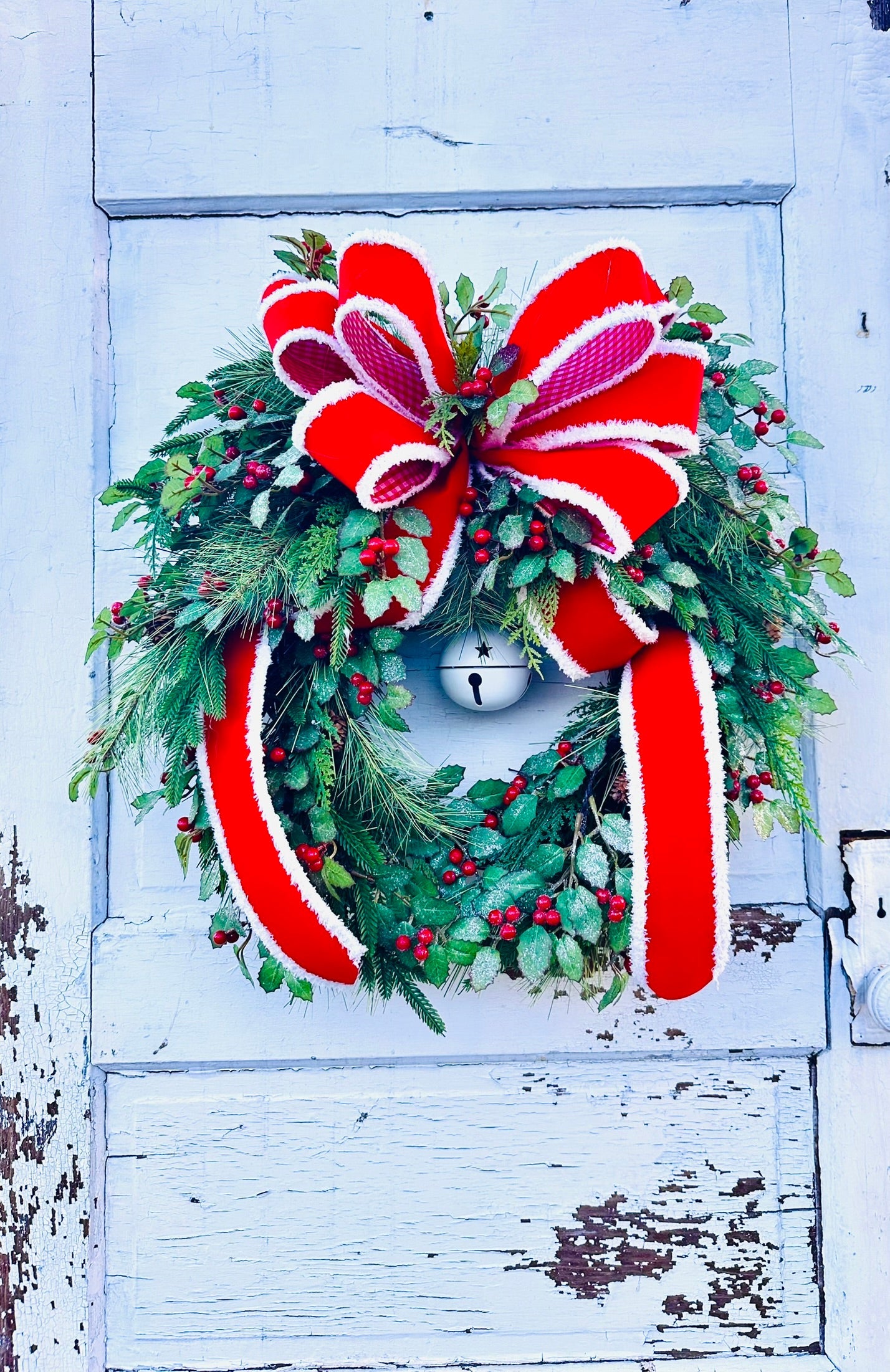 Christmas Holly and Pine Grapevine Wreath with Red Velvet Bow & Bells TCT Crafts
