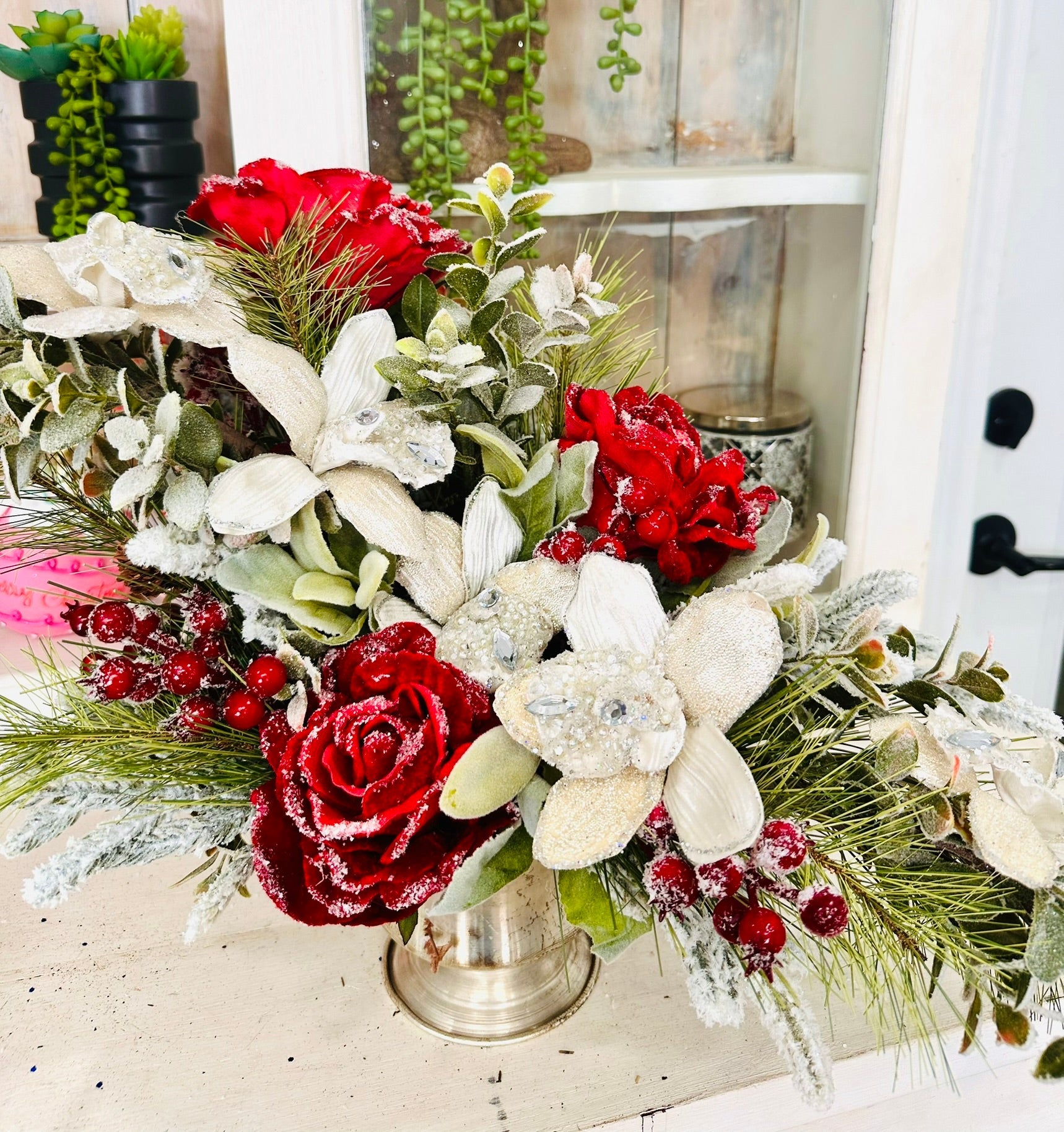 Elegant Red and Gold Christmas Centerpiece with Beaded Orchids & Velvet Roses TCT Crafts
