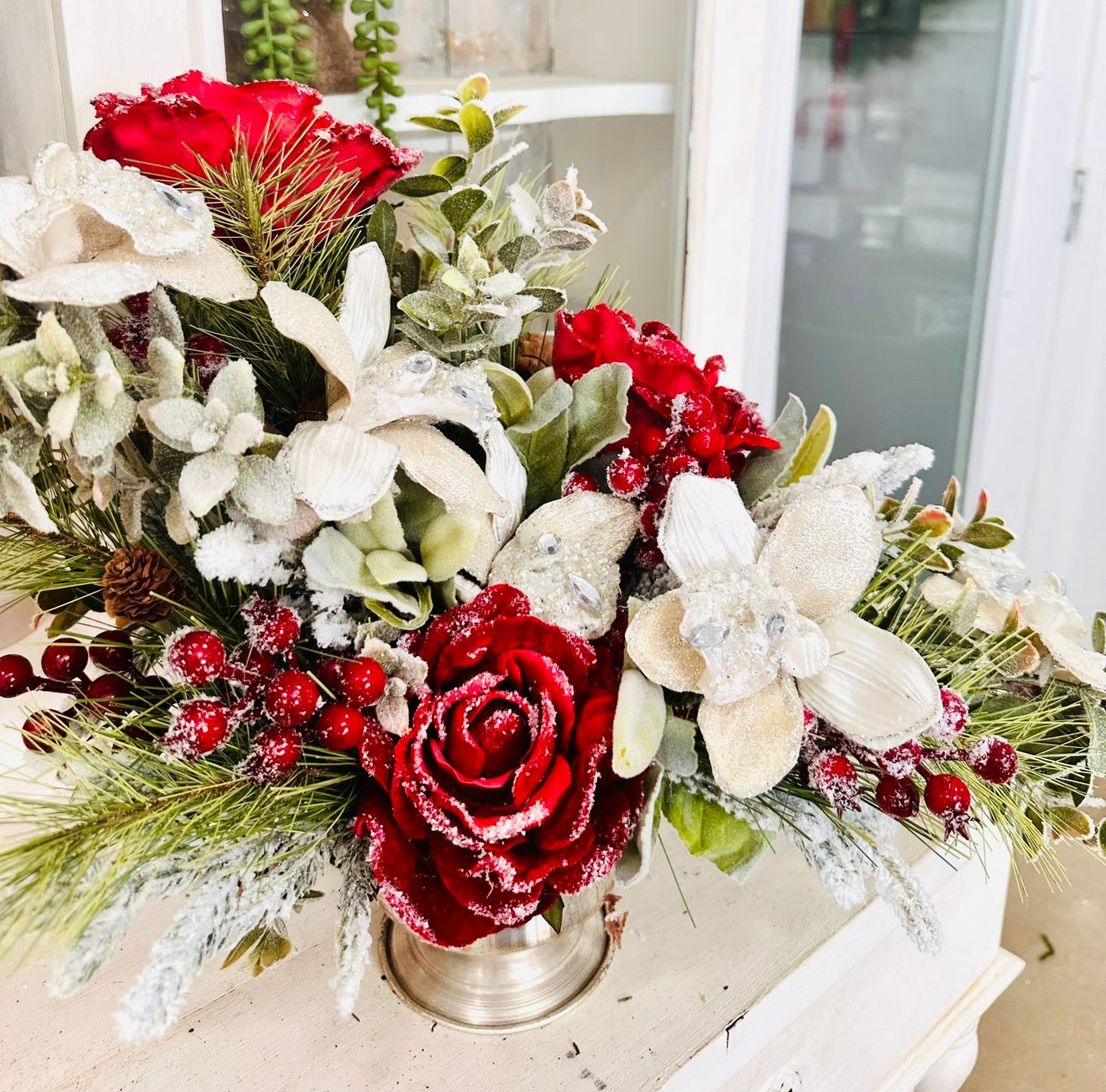 Elegant Red and Gold Christmas Centerpiece with Beaded Orchids & Velvet Roses TCT Crafts