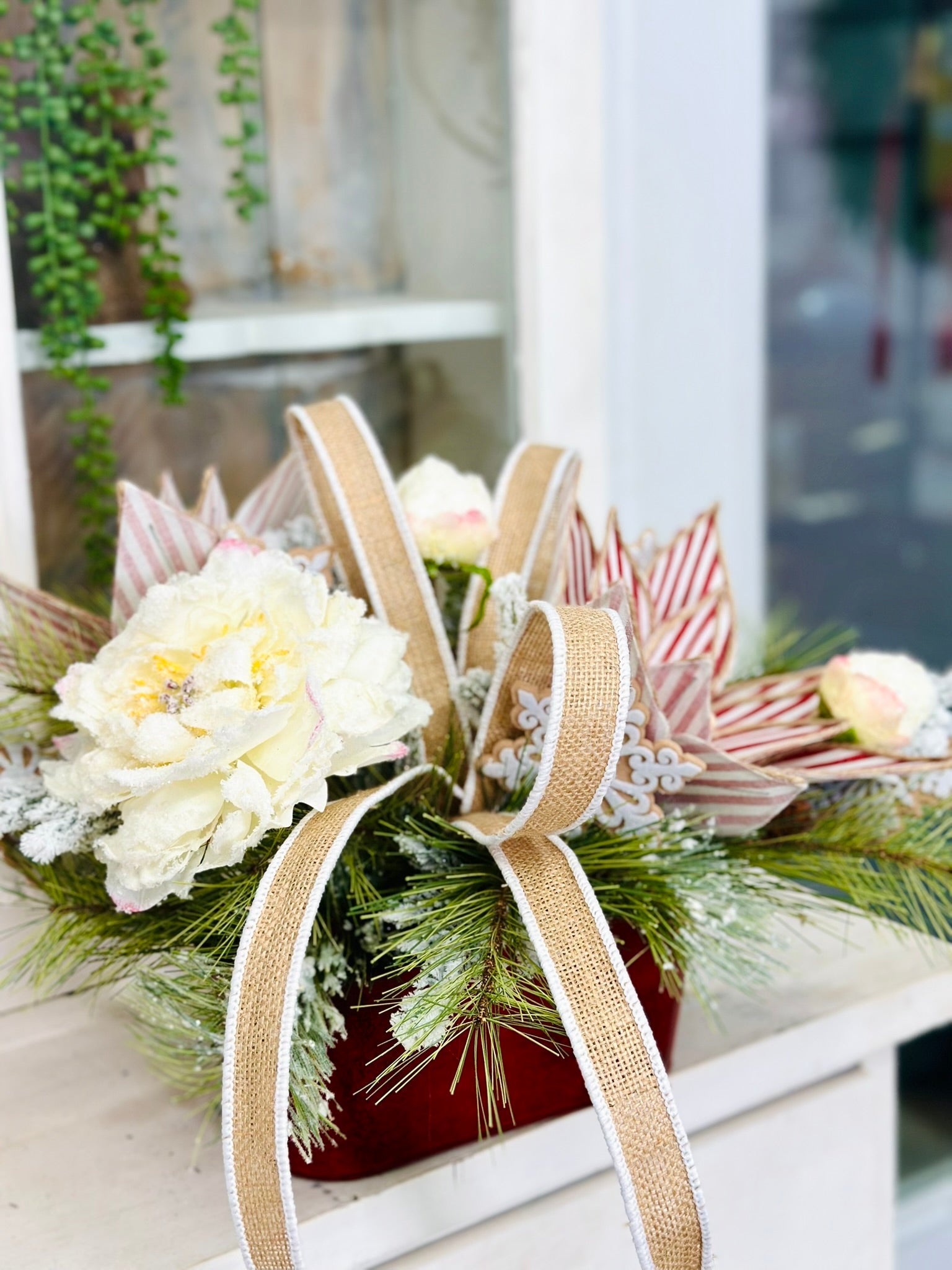 Rustic Glam Gingerbread Christmas Arrangement with Snowy Peonies & Burlap Ribbon TCT Crafts