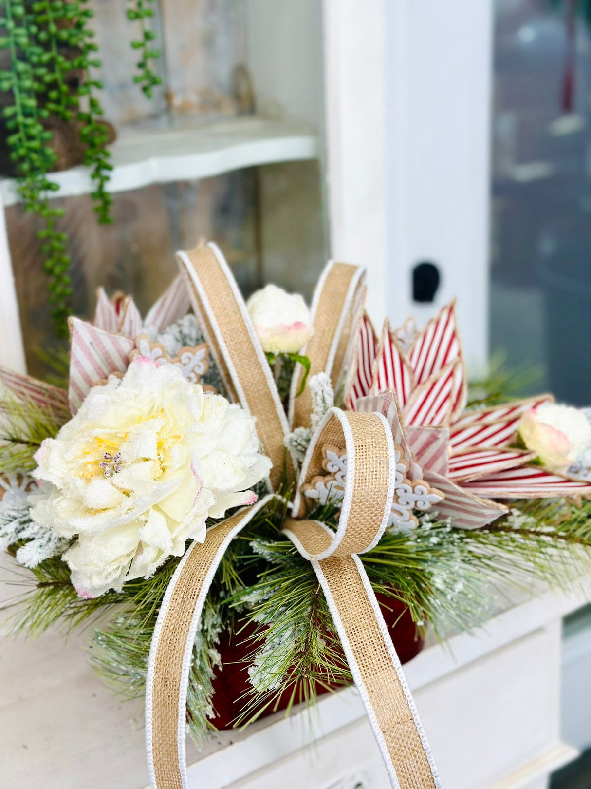 Rustic Glam Gingerbread Christmas Arrangement with Snowy Peonies & Burlap Ribbon TCT Crafts