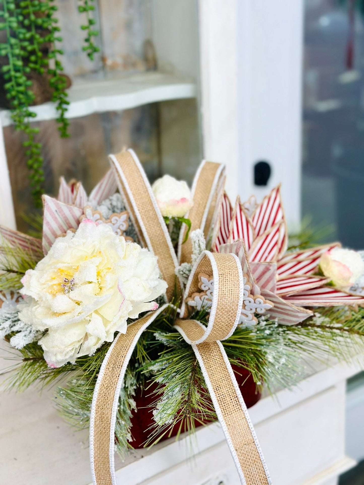 Rustic Glam Gingerbread Christmas Arrangement with Snowy Peonies & Burlap Ribbon TCT Crafts