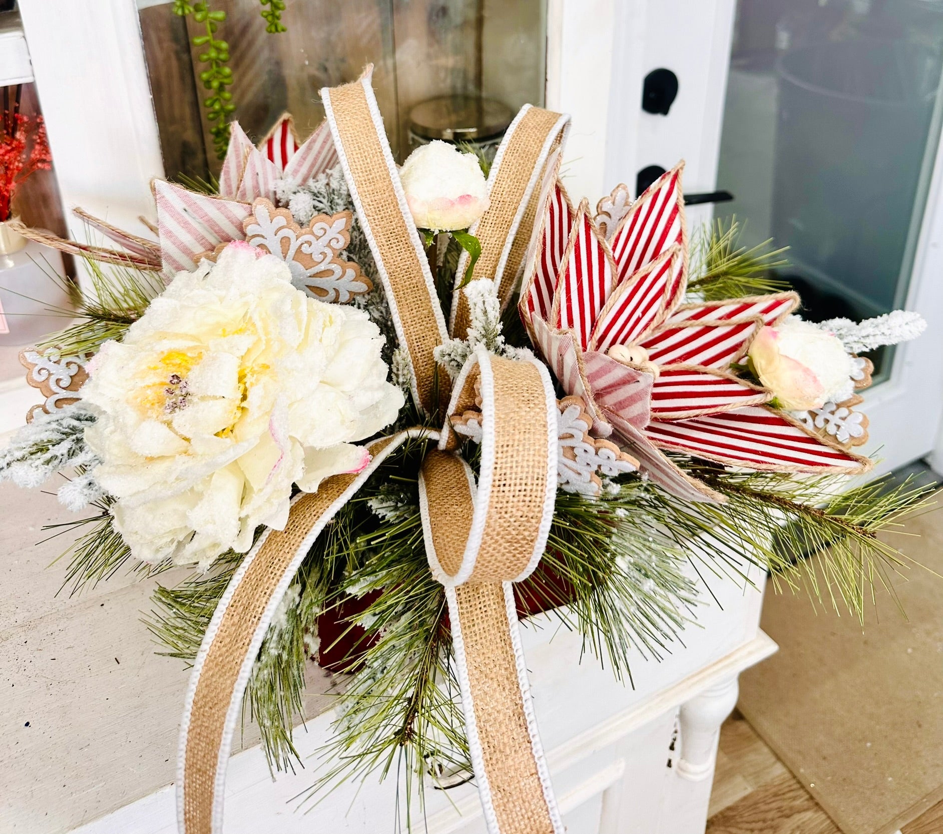 Rustic Glam Gingerbread Christmas Arrangement with Snowy Peonies & Burlap Ribbon TCT Crafts