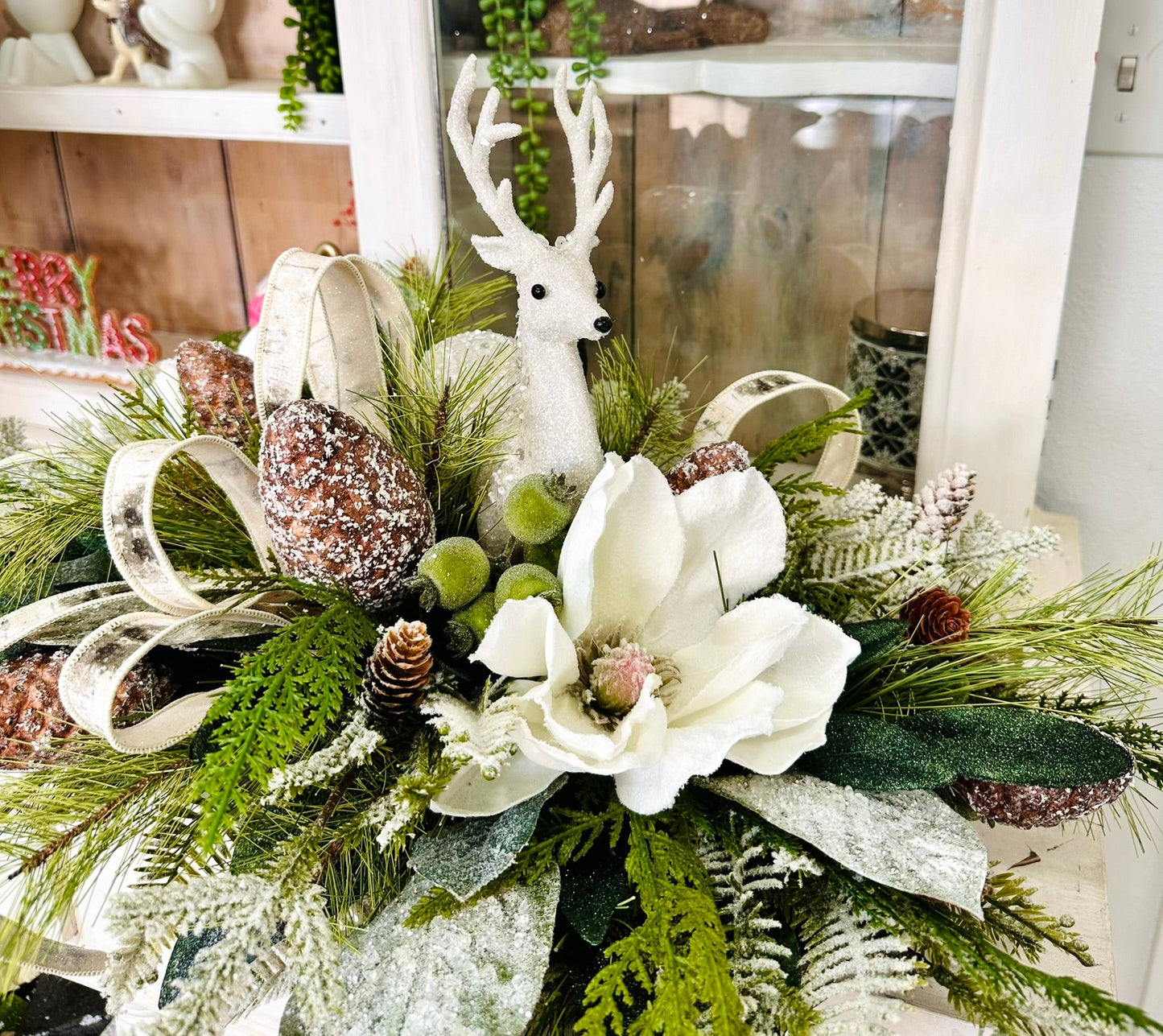 Rustic Woodlands Christmas Centerpiece with Deer, Snowy Magnolia & Birch Ribbon TCT Crafts