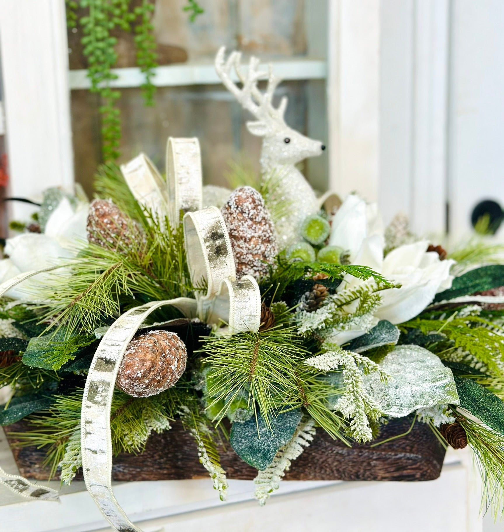 Rustic Woodlands Christmas Centerpiece with Deer, Snowy Magnolia & Birch Ribbon TCT Crafts