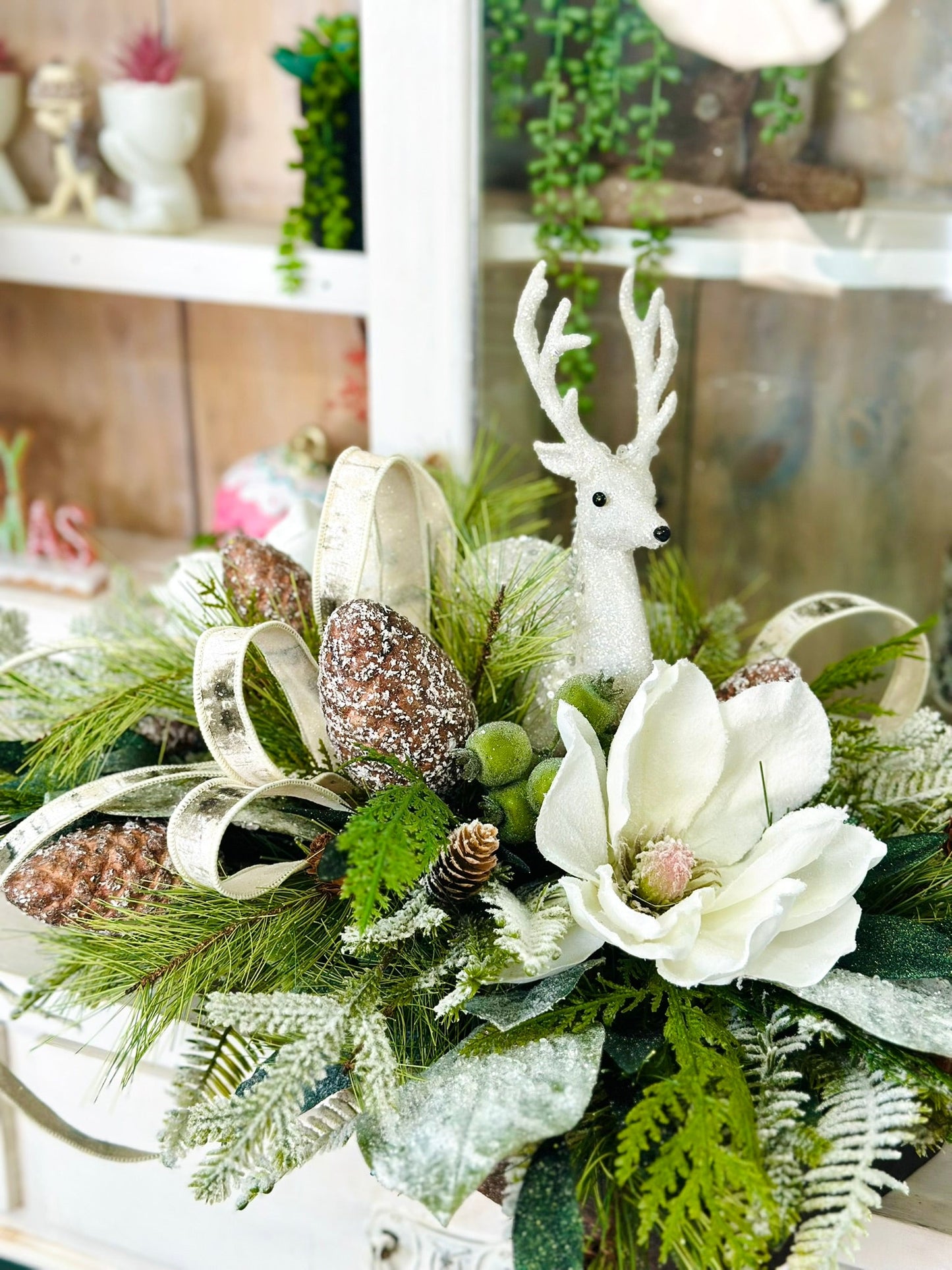 Rustic Woodlands Christmas Centerpiece with Deer, Snowy Magnolia & Birch Ribbon TCT Crafts