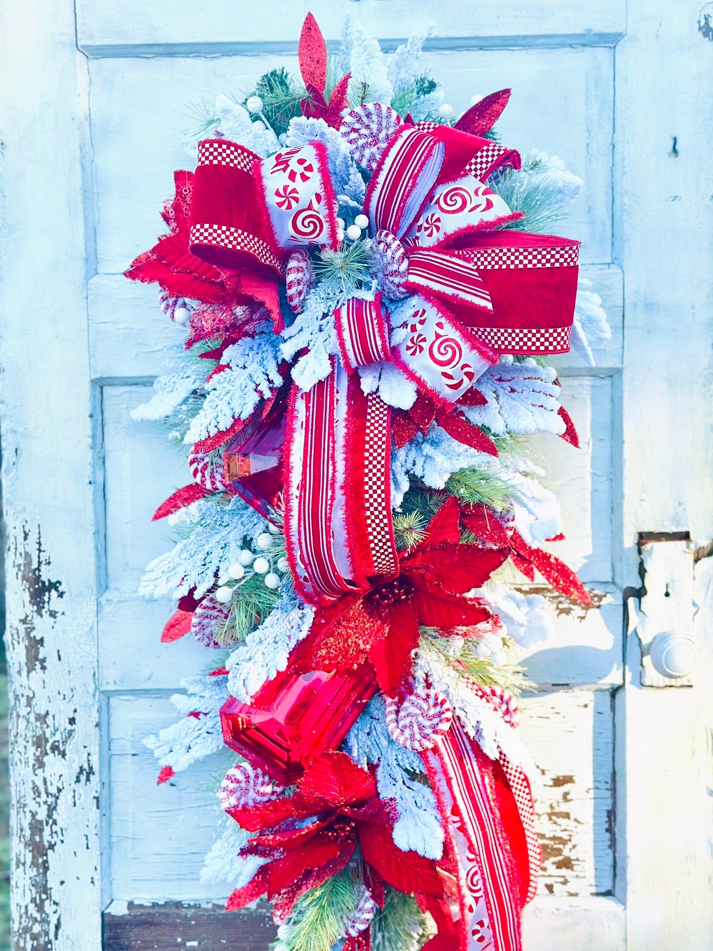 XL Peppermint Christmas Swag | Red Velvet Holiday Door Swag with Ornaments & Designer Ribbon TCT Crafts