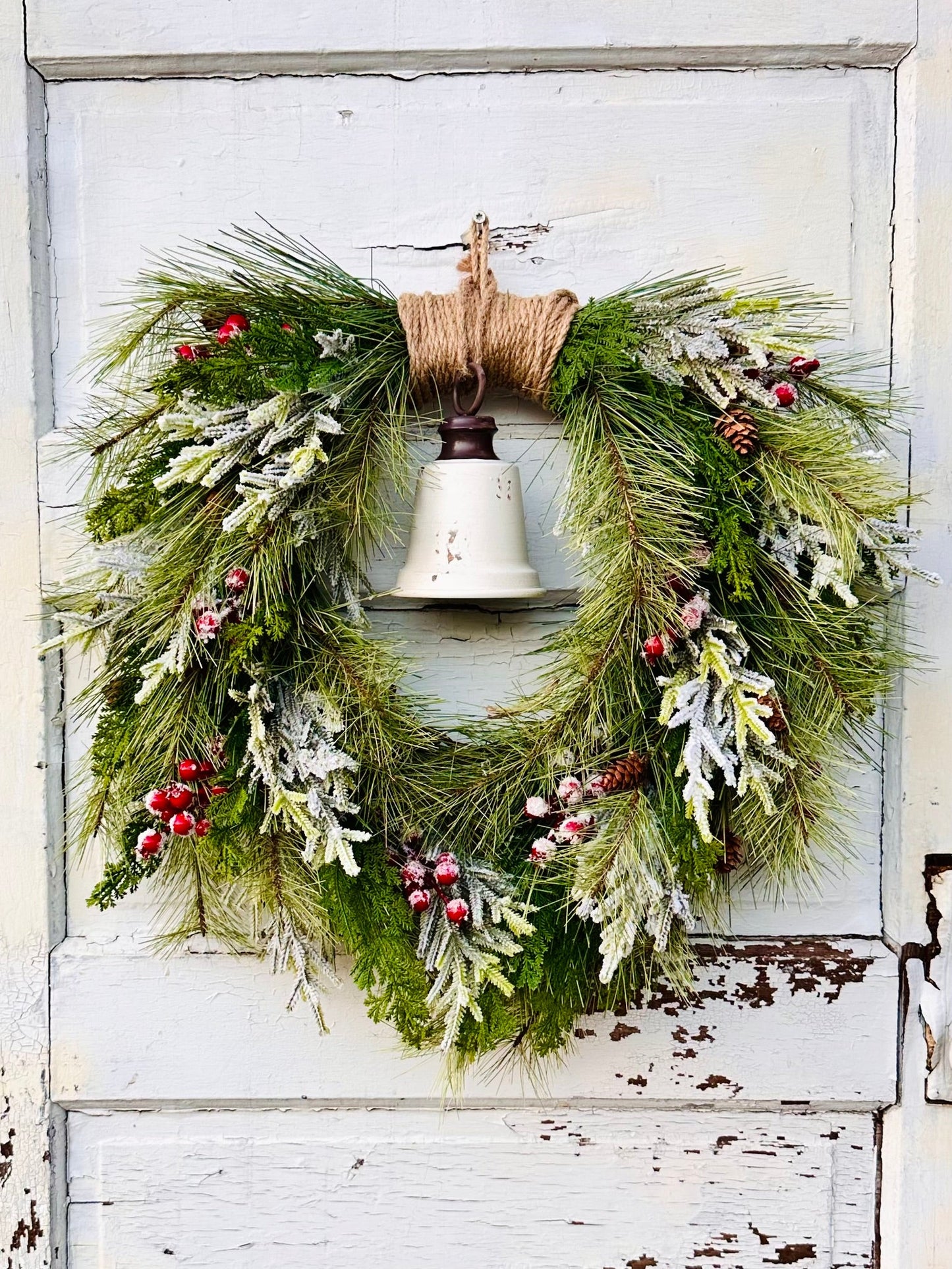 Rustic Winter Pine Wreath with White Liberty Bell | Farmhouse Christmas Decor TCT Crafts