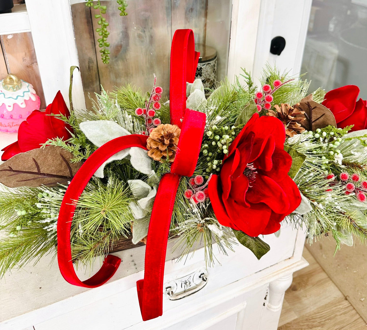 Red Velvet Magnolia Christmas Centerpiece | Wooden Tray Holiday Arrangement TCT Crafts