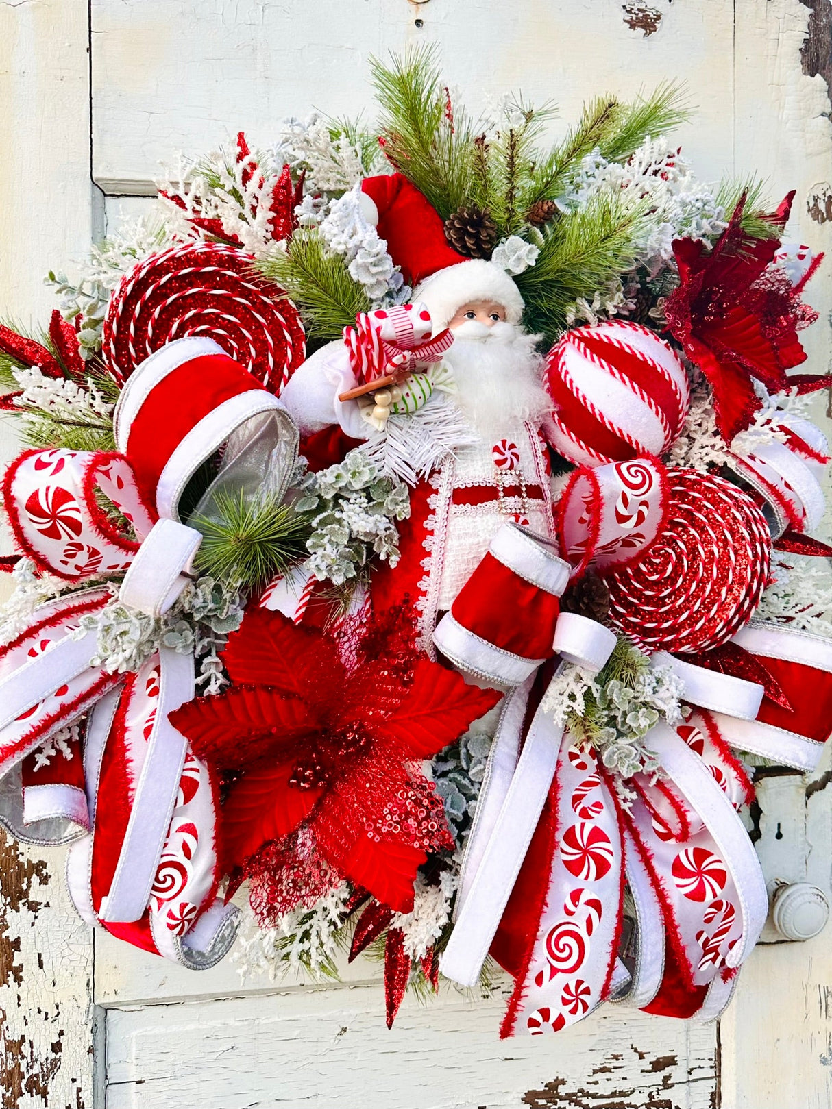 Santa Sweets Christmas Wreath | Red & White Candy Cane Santa Holiday Door Decor TCT Crafts