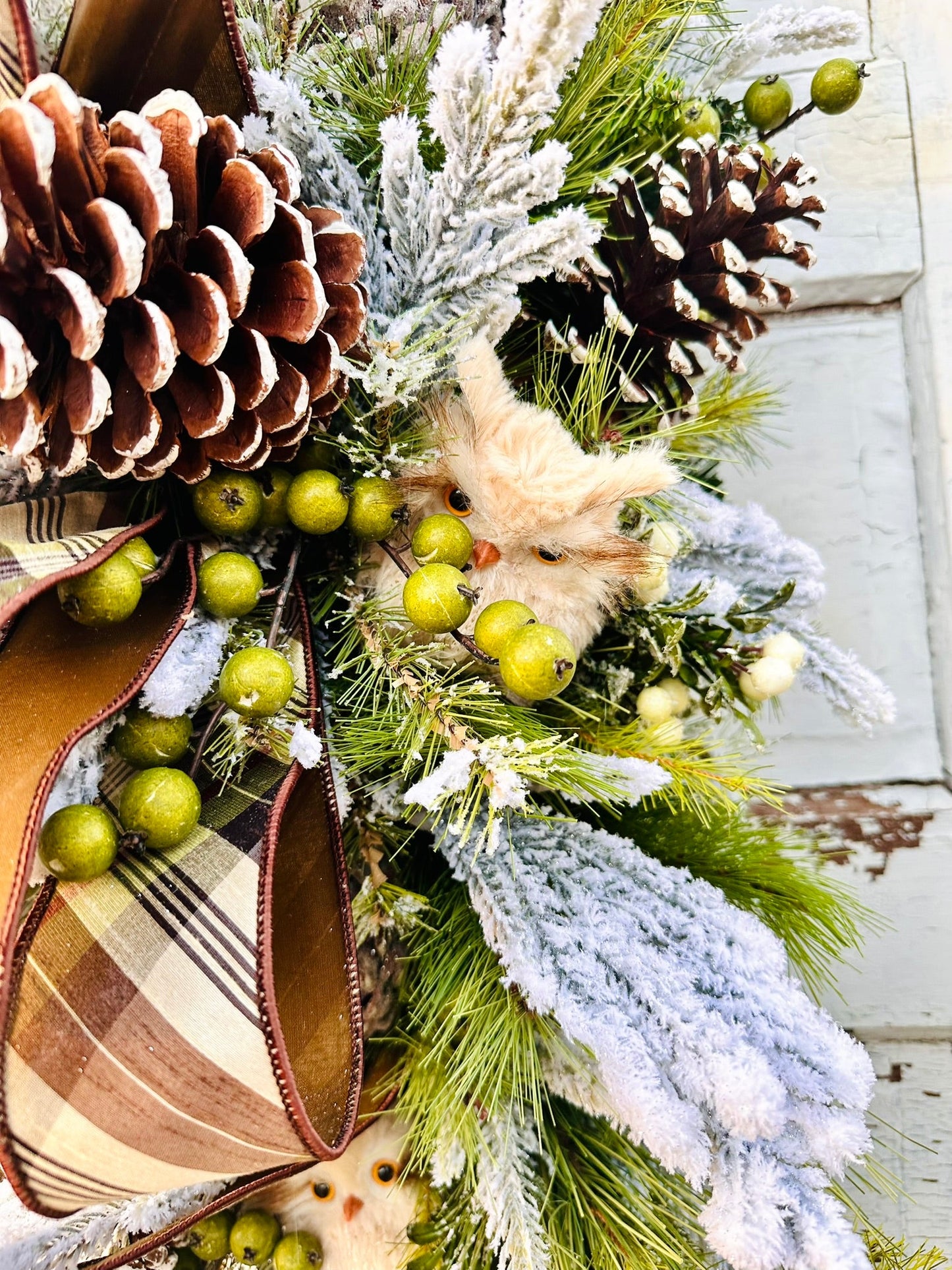 Rustic Owl Winter Swag | Woodland Christmas Door Decor | Pinecone Flocked Greenery TCT Crafts