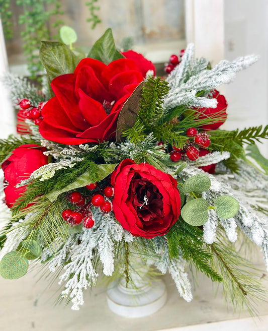 Red Magnolia & Peony Christmas Centerpiece on Candlestick | Holiday Floral Decor TCT Crafts