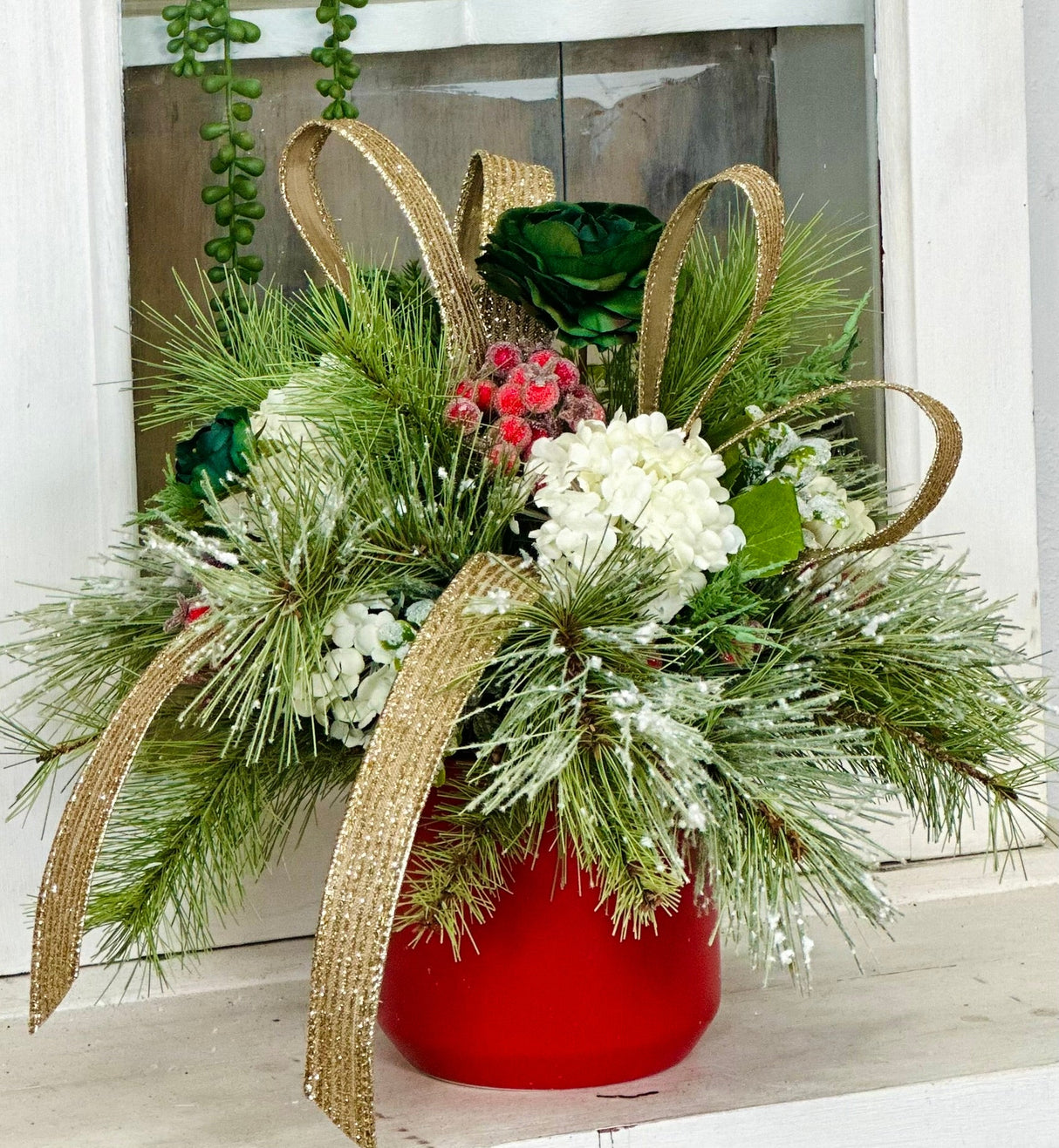 Small Christmas Centerpiece in Red Pot – Green & Gold Holiday Arrangement TCT Crafts
