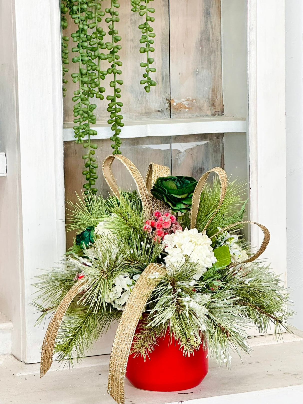 Small Christmas Centerpiece in Red Pot – Green & Gold Holiday Arrangement TCT Crafts