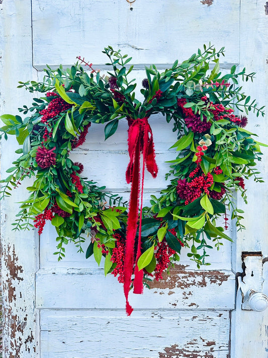 Winter Valentine Heart Wreath with Red Berries & Velvet Bow TCT Crafts