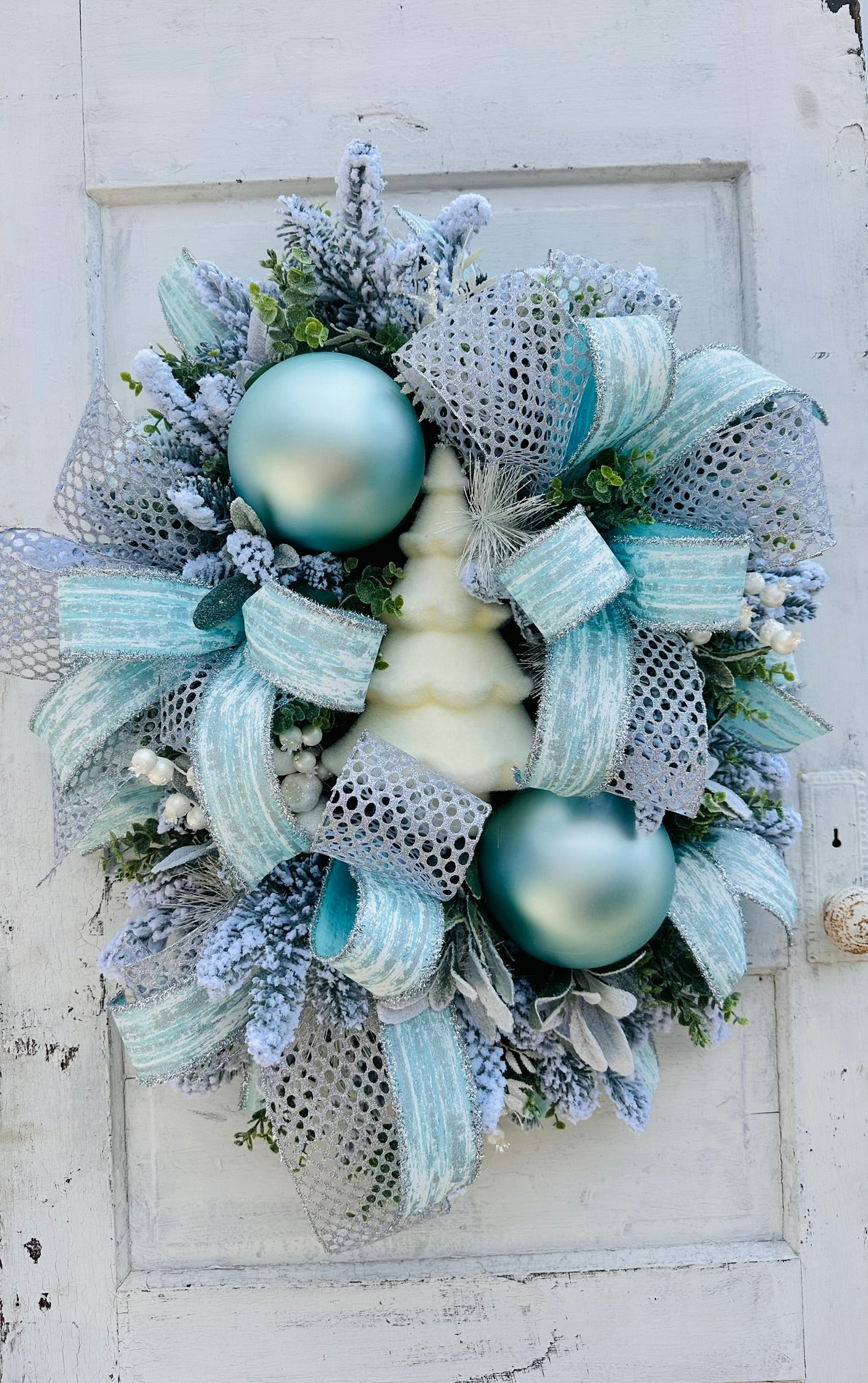 Winter Wonderland Christmas Wreath - Flocked Tree, Turquoise Ornaments, Elegant Holiday Door Decor