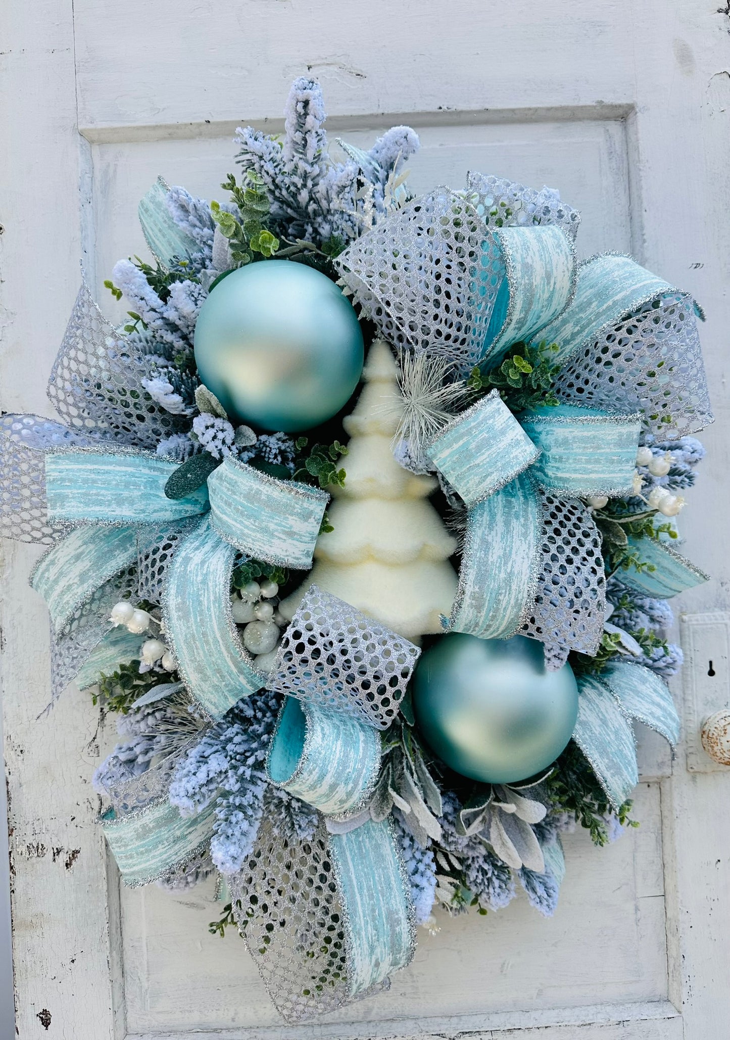 Winter Wonderland Christmas Wreath - Flocked Tree, Turquoise Ornaments, Elegant Holiday Door Decor