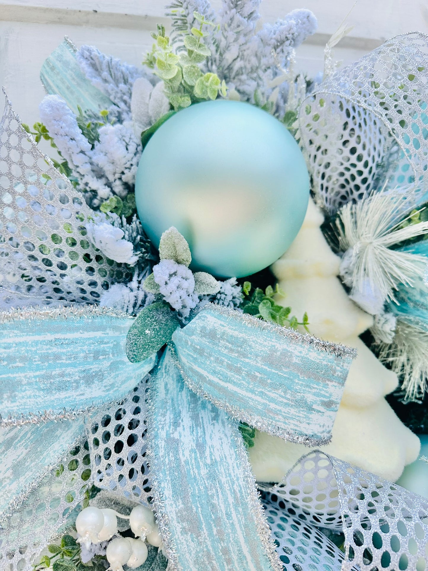 Winter Wonderland Christmas Wreath - Flocked Tree, Turquoise Ornaments, Elegant Holiday Door Decor