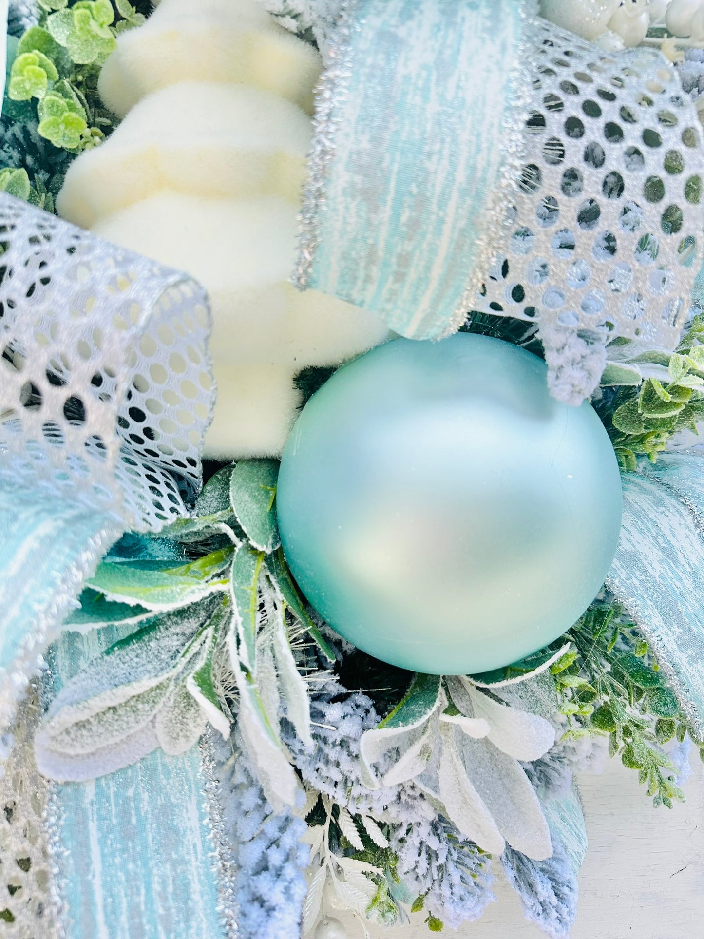 Winter Wonderland Christmas Wreath - Flocked Tree, Turquoise Ornaments, Elegant Holiday Door Decor