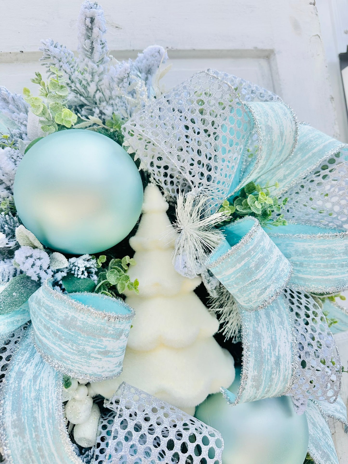 Winter Wonderland Christmas Wreath - Flocked Tree, Turquoise Ornaments, Elegant Holiday Door Decor
