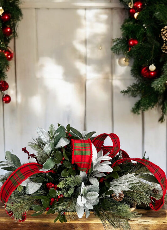 Festive Christmas Centerpiece with Snowy Lambs Ear, Pine Sprays, and Plaid Ribbon - Elegant Holiday Table Decoration TCT Crafts