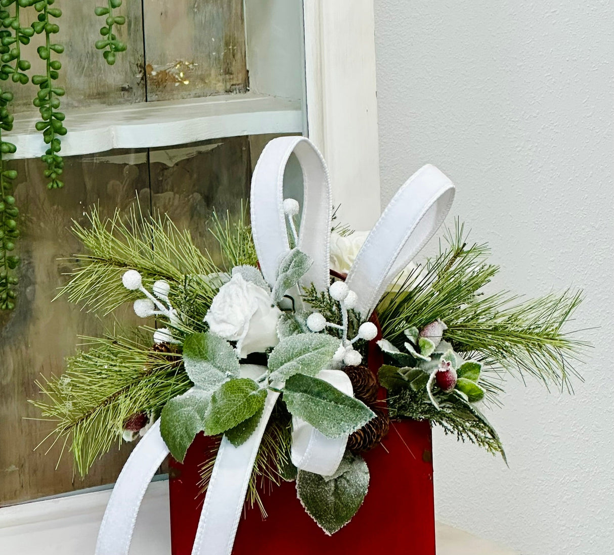 Red White Winter Centerpiece in Rustic Tote | Holiday Floral Arrangement TCT Crafts