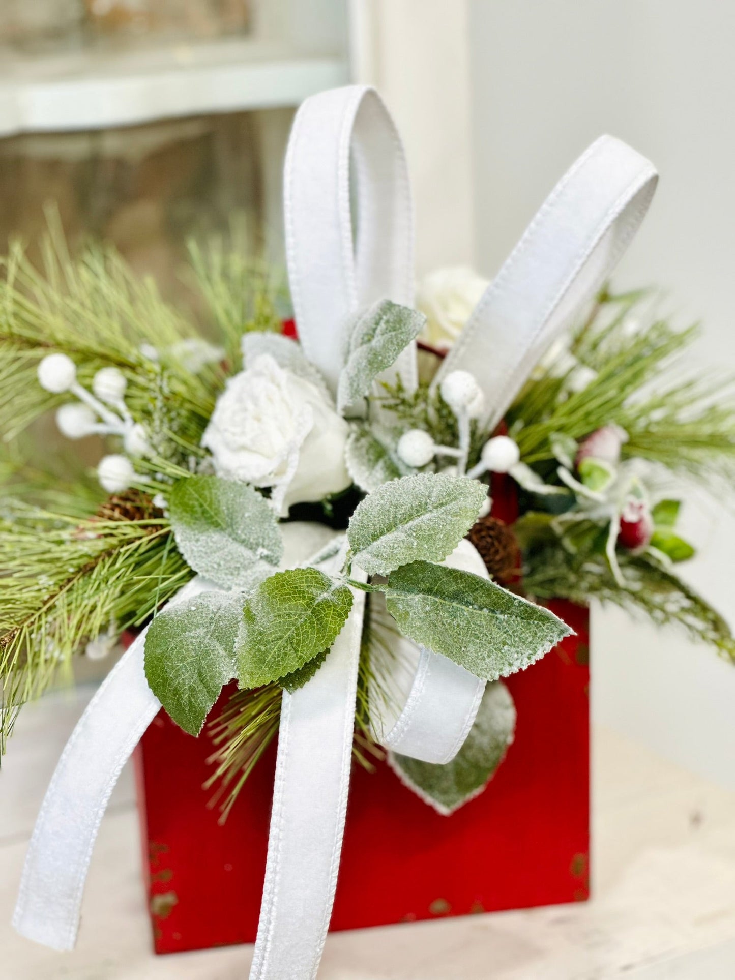 Red White Winter Centerpiece in Rustic Tote | Holiday Floral Arrangement TCT Crafts