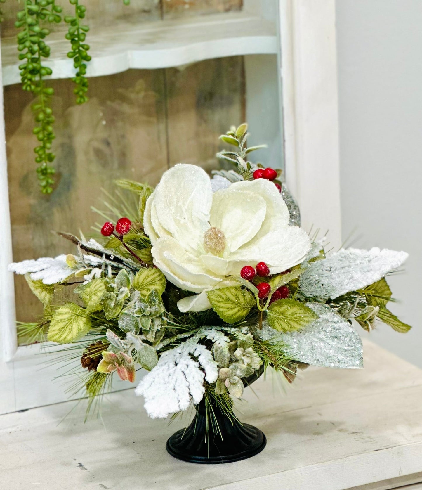 Small Winter Magnolia Arrangement with Snowy Greens & Berries TCT Crafts