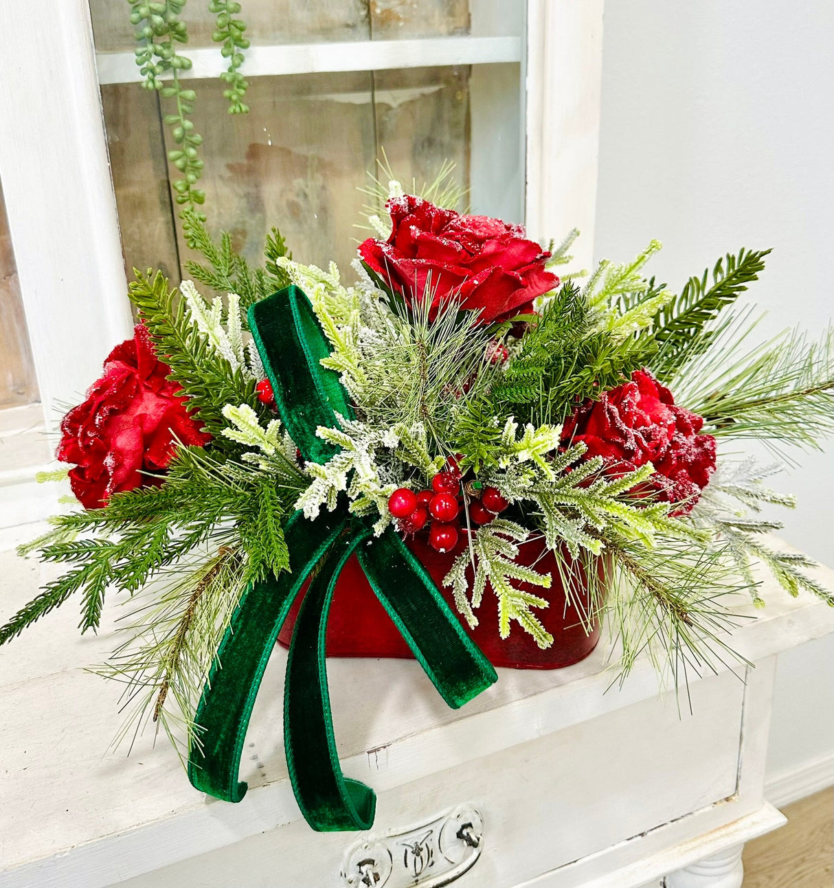 Small Red Green Christmas Floral Arrangement | Snowy Roses & Velvet Ribbon TCT Crafts