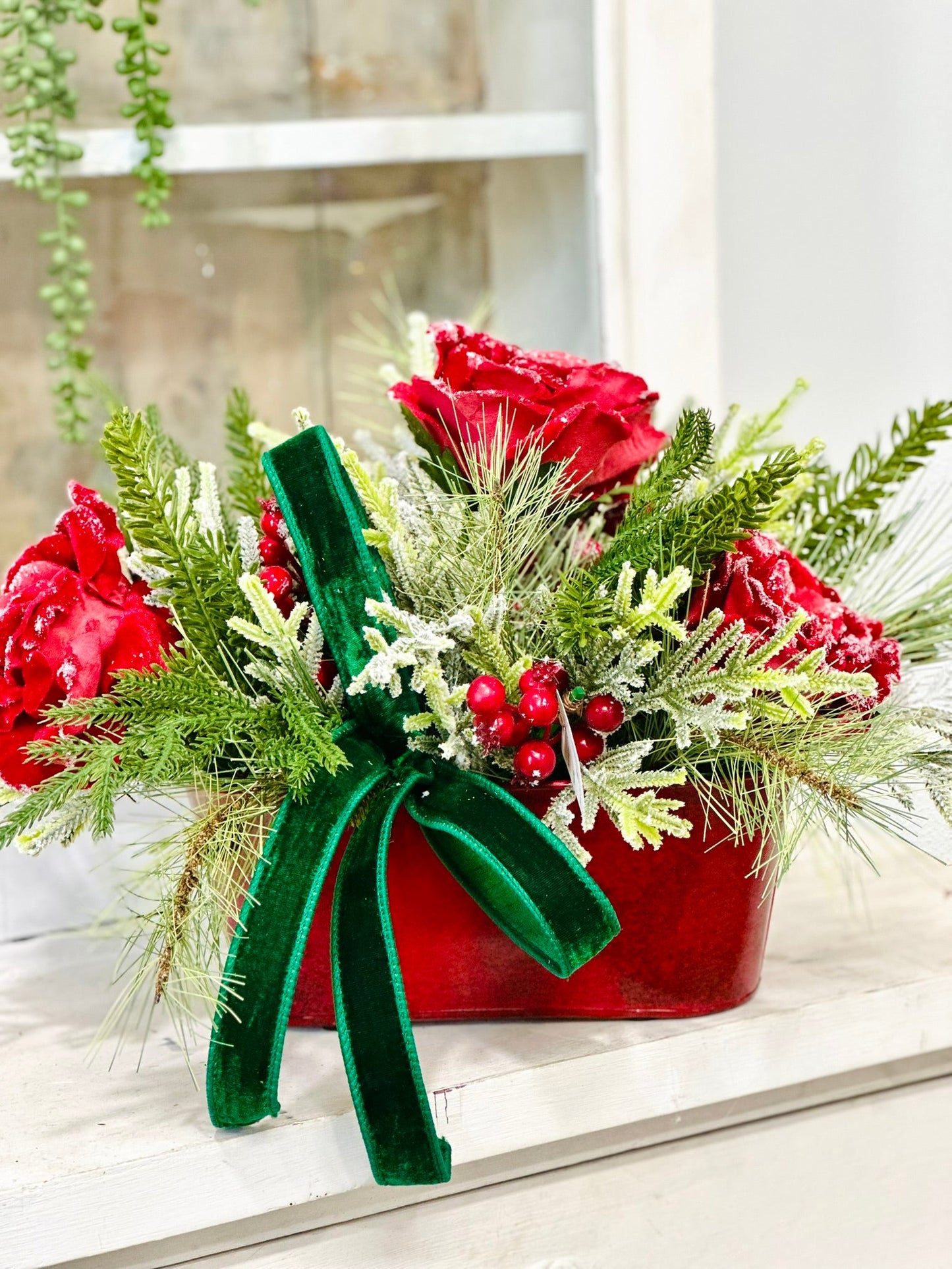 Small Red Green Christmas Floral Arrangement | Snowy Roses & Velvet Ribbon TCT Crafts