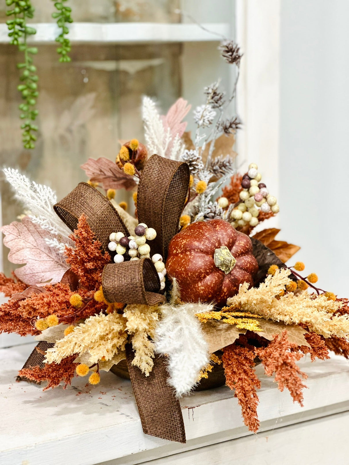 Neutral Boho Fall Floral Arrangement with Rustic Pumpkin, 16x18 Table Centerpiece by TCT Crafts TCT Crafts