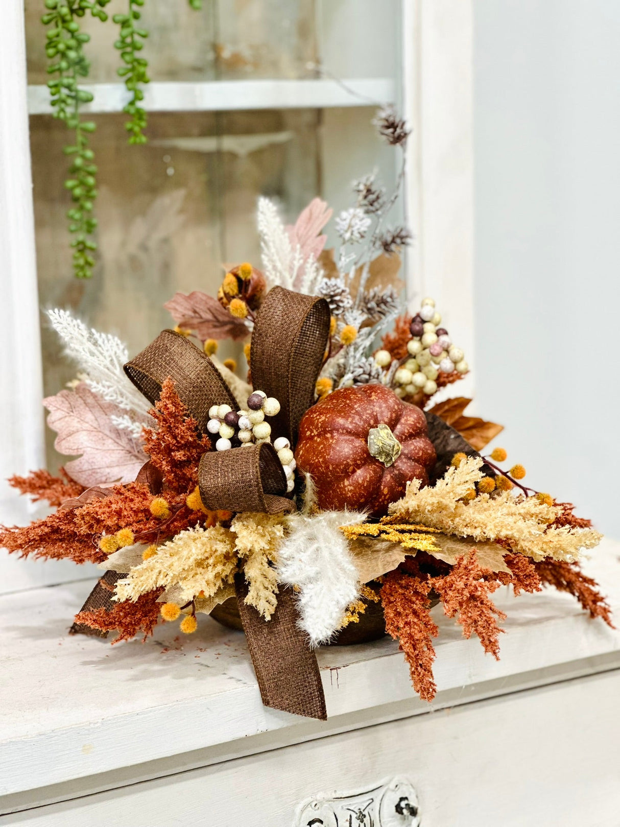 Neutral Boho Fall Floral Arrangement with Rustic Pumpkin, 16x18 Table Centerpiece by TCT Crafts TCT Crafts