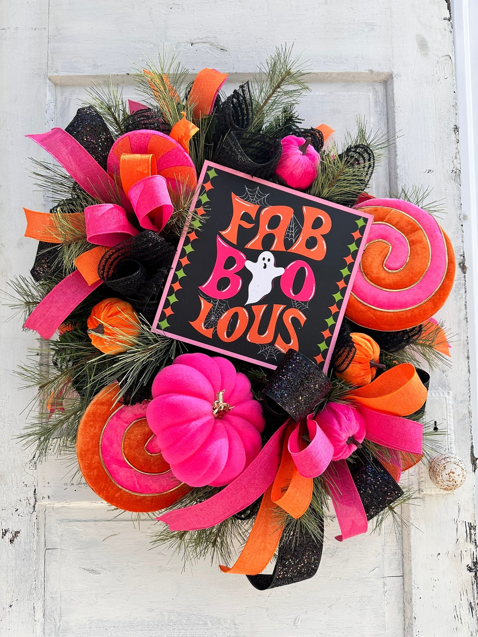 Faboolous Halloween Wreath | Pink, Orange, Black | 29"x26" | Cute Decor with Lollipops and Velvet Pumpkins TCT Crafts