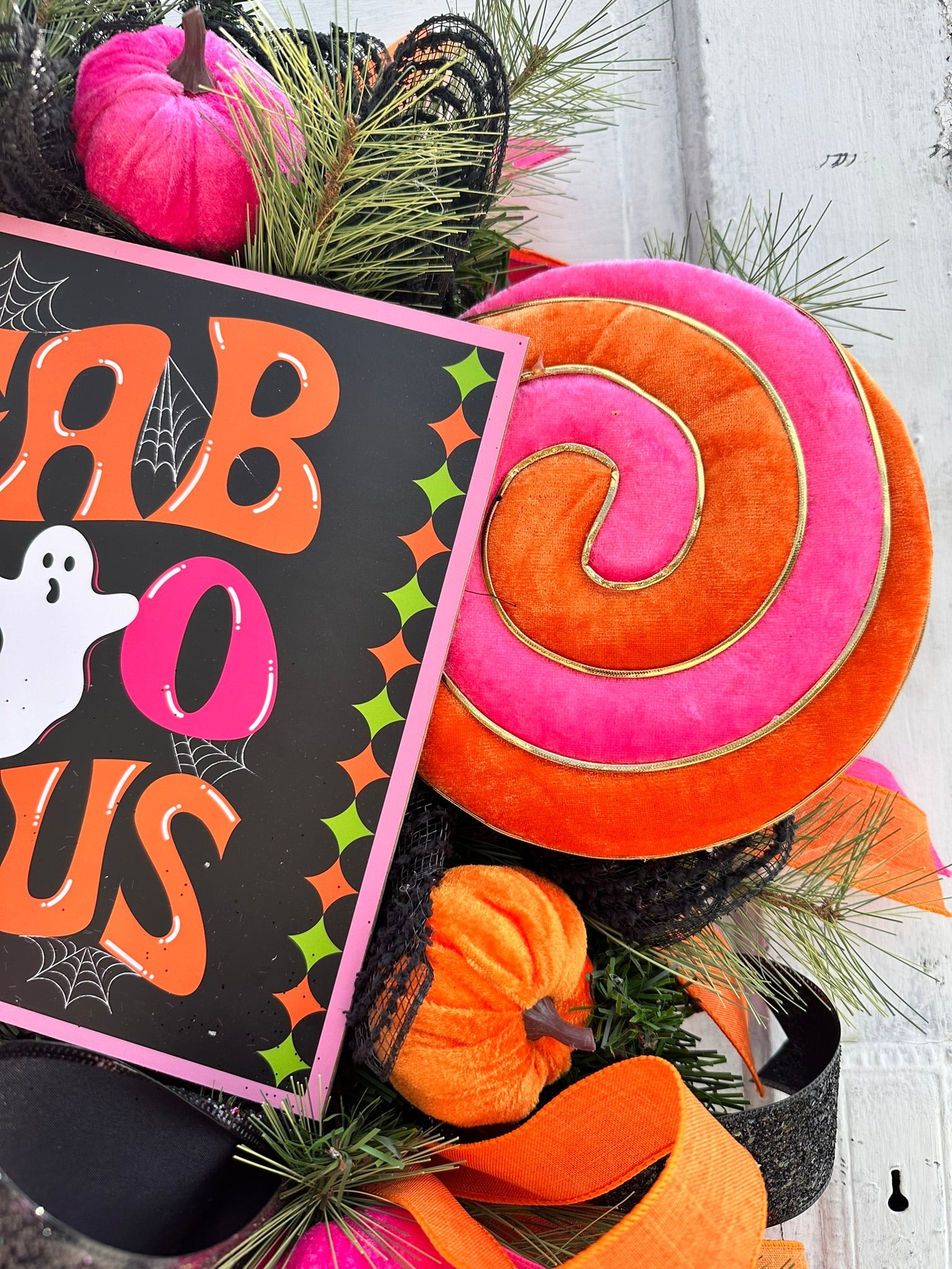 Faboolous Halloween Wreath | Pink, Orange, Black | 29"x26" | Cute Decor with Lollipops and Velvet Pumpkins TCT Crafts